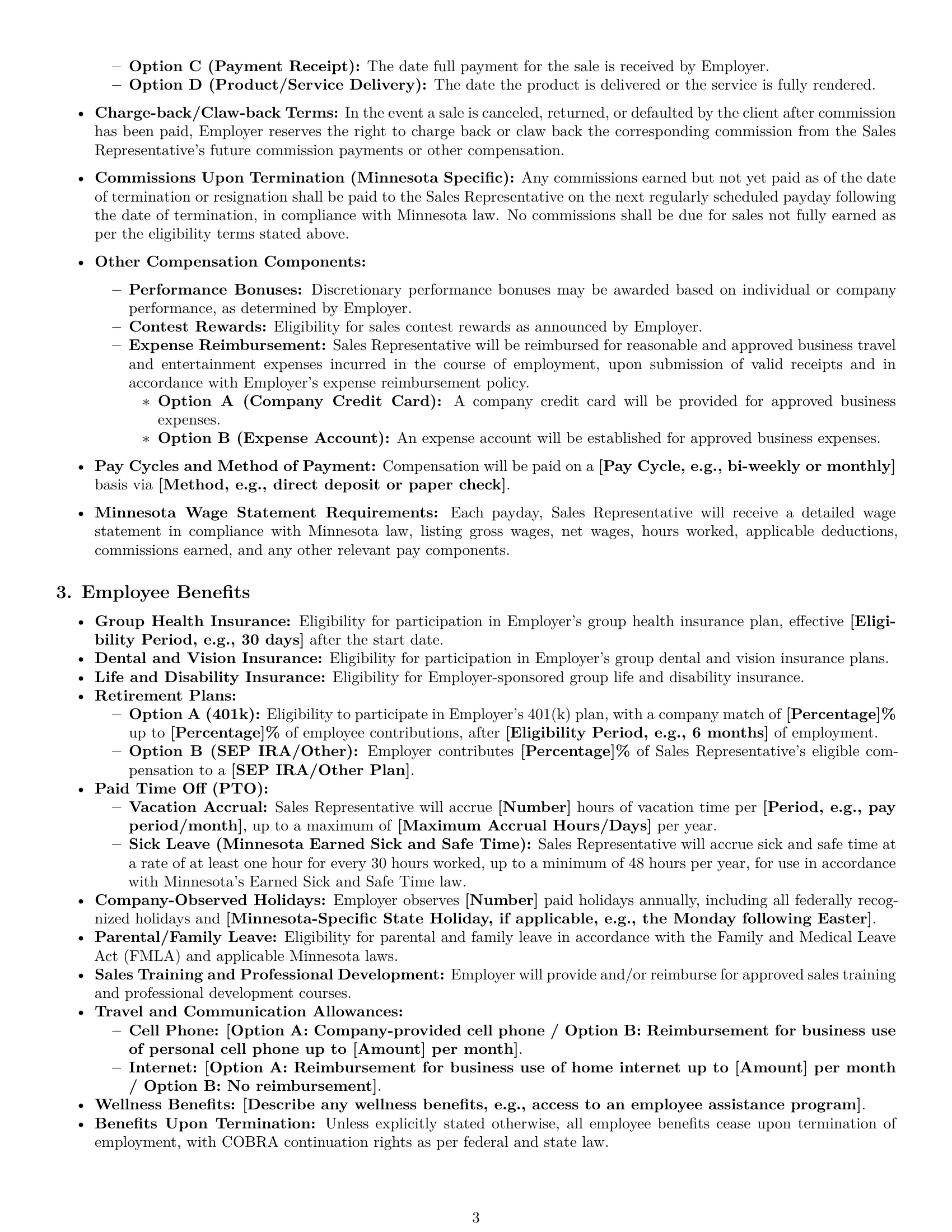Preview page 3 of Pro Minnesota sales representative employment contract template