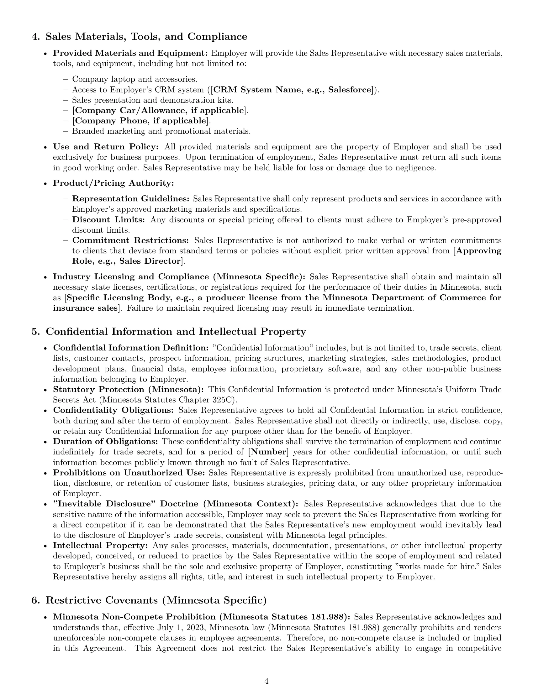 Preview page 4 of Pro Minnesota sales representative employment contract template