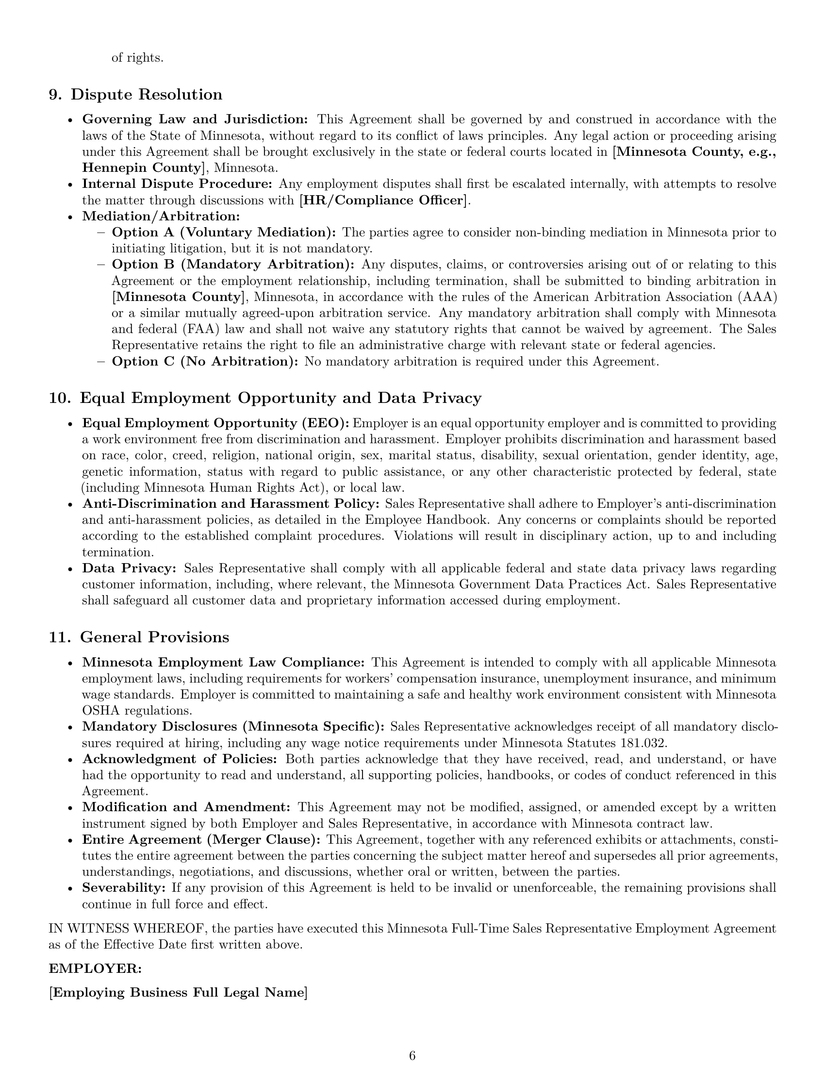 Preview page 6 of Pro Minnesota sales representative employment contract template