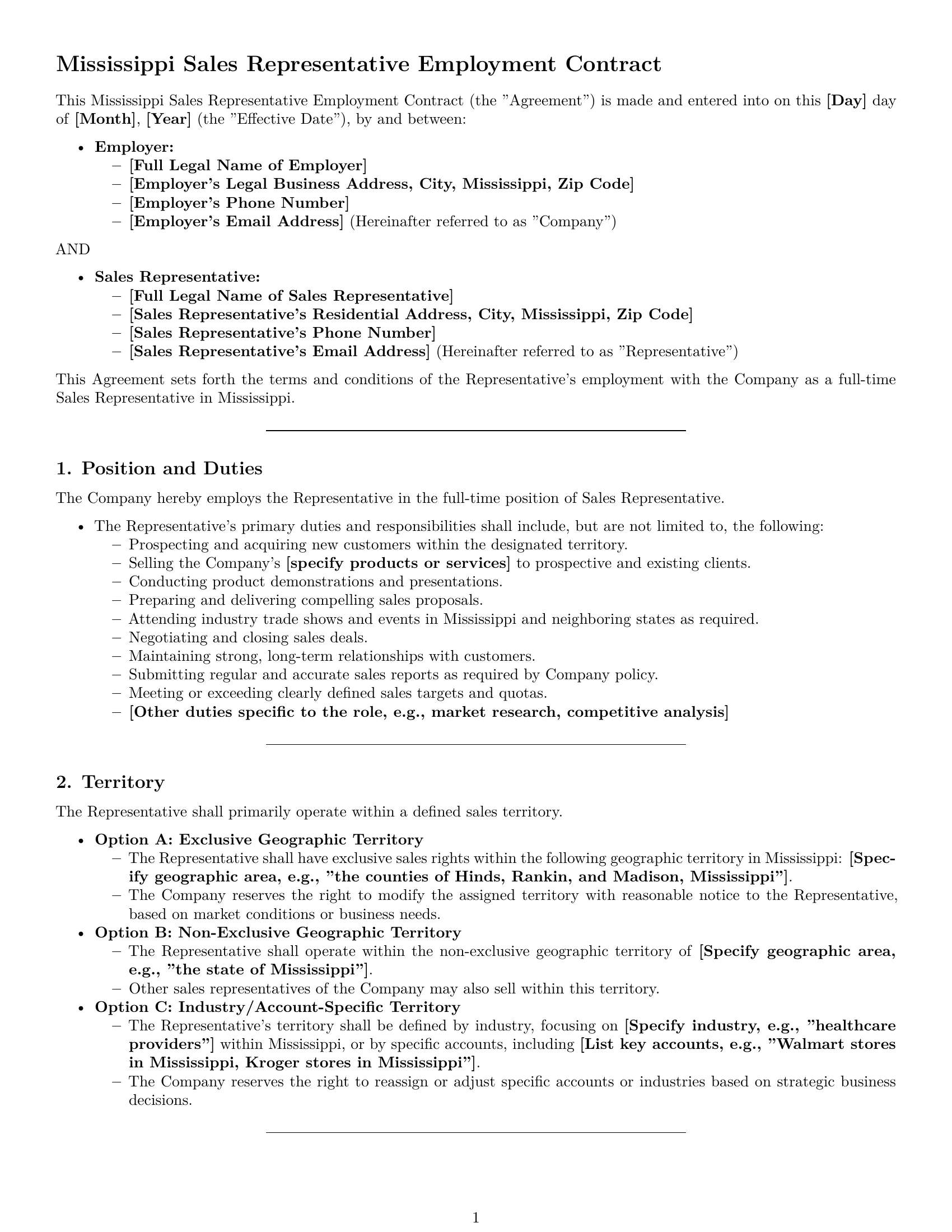 Preview page 1 of Pro Mississippi sales representative employment contract template