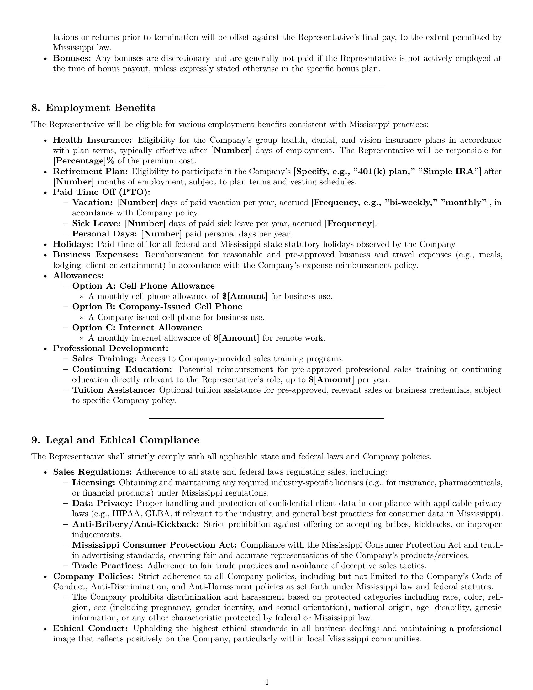 Preview page 4 of Pro Mississippi sales representative employment contract template