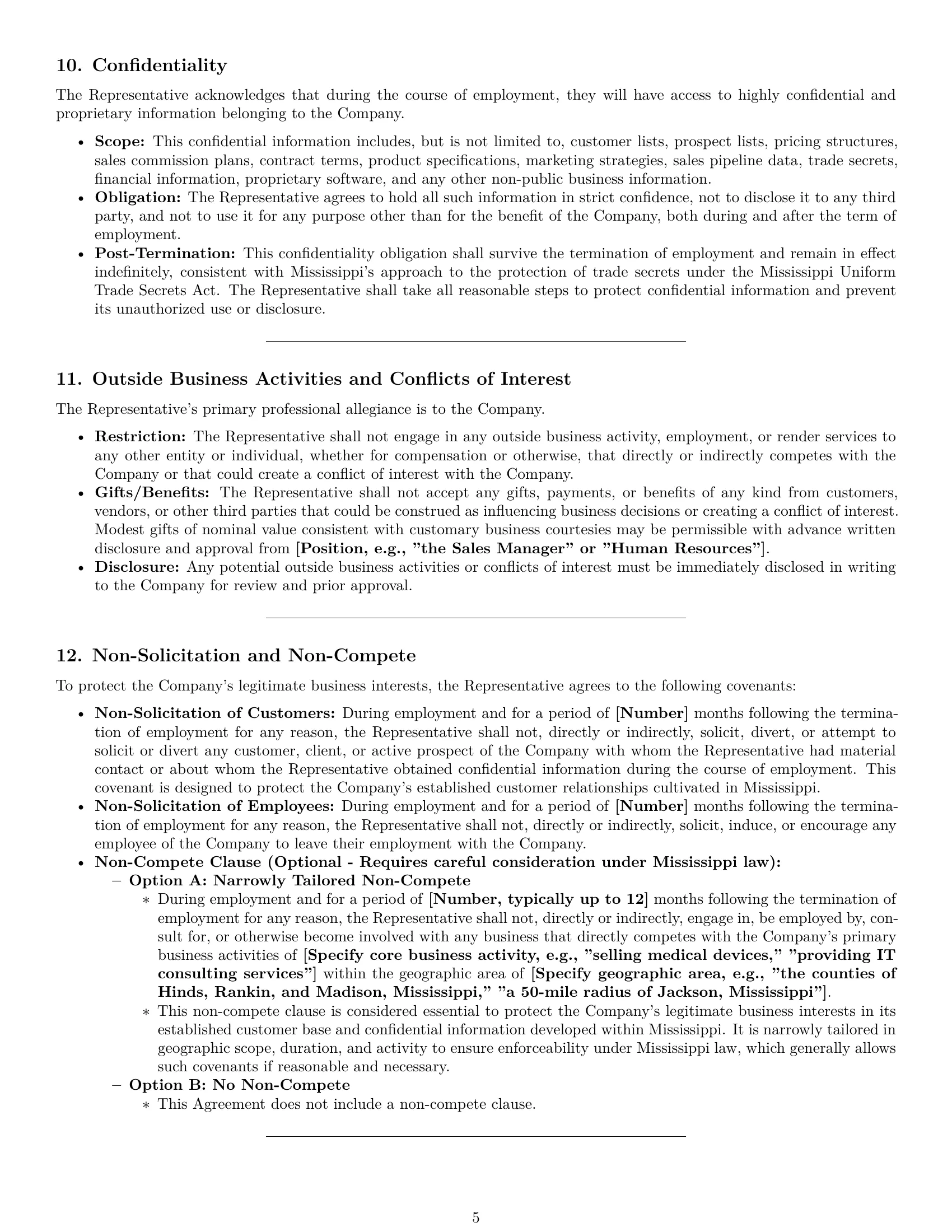 Preview page 5 of Pro Mississippi sales representative employment contract template