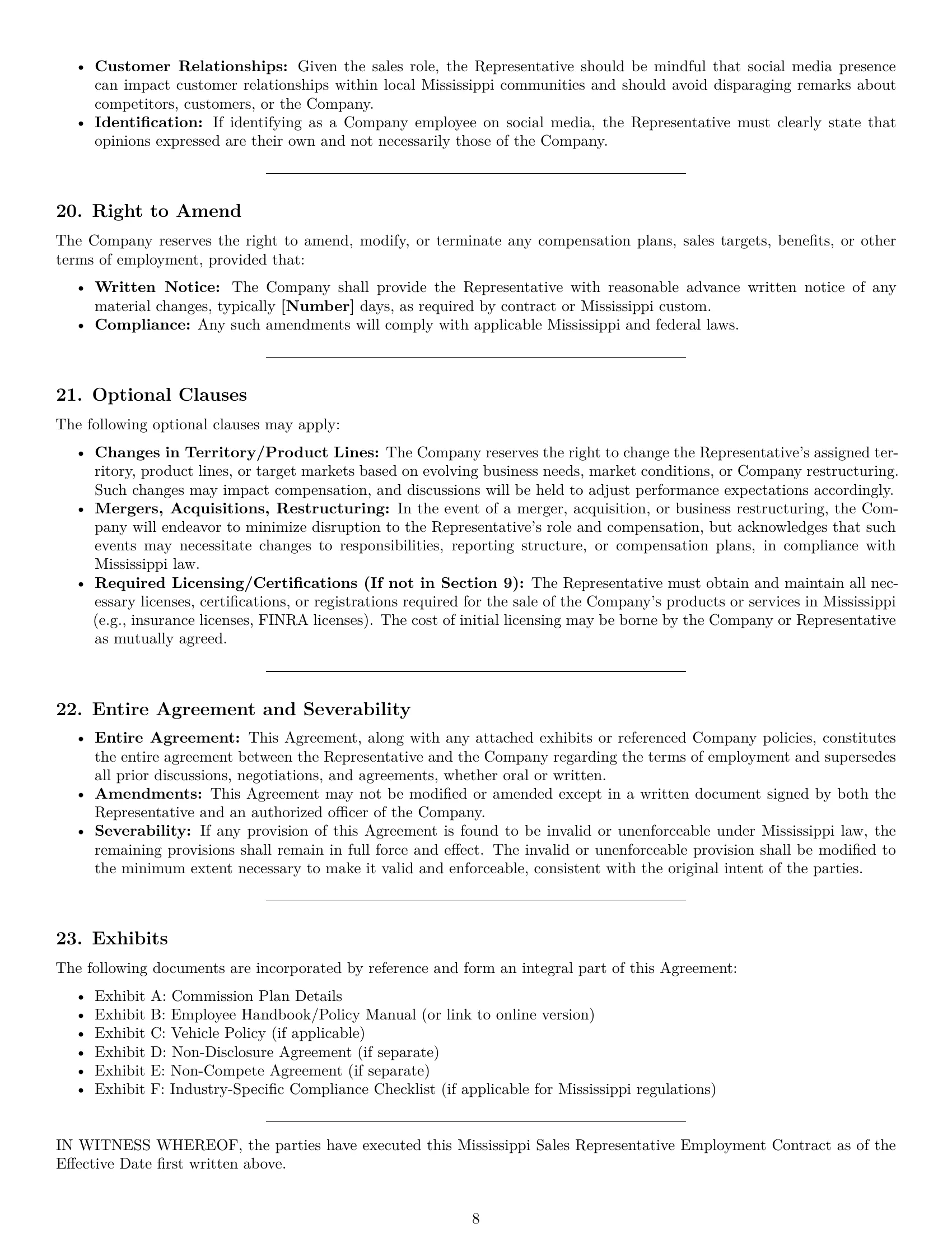 Preview page 8 of Pro Mississippi sales representative employment contract template