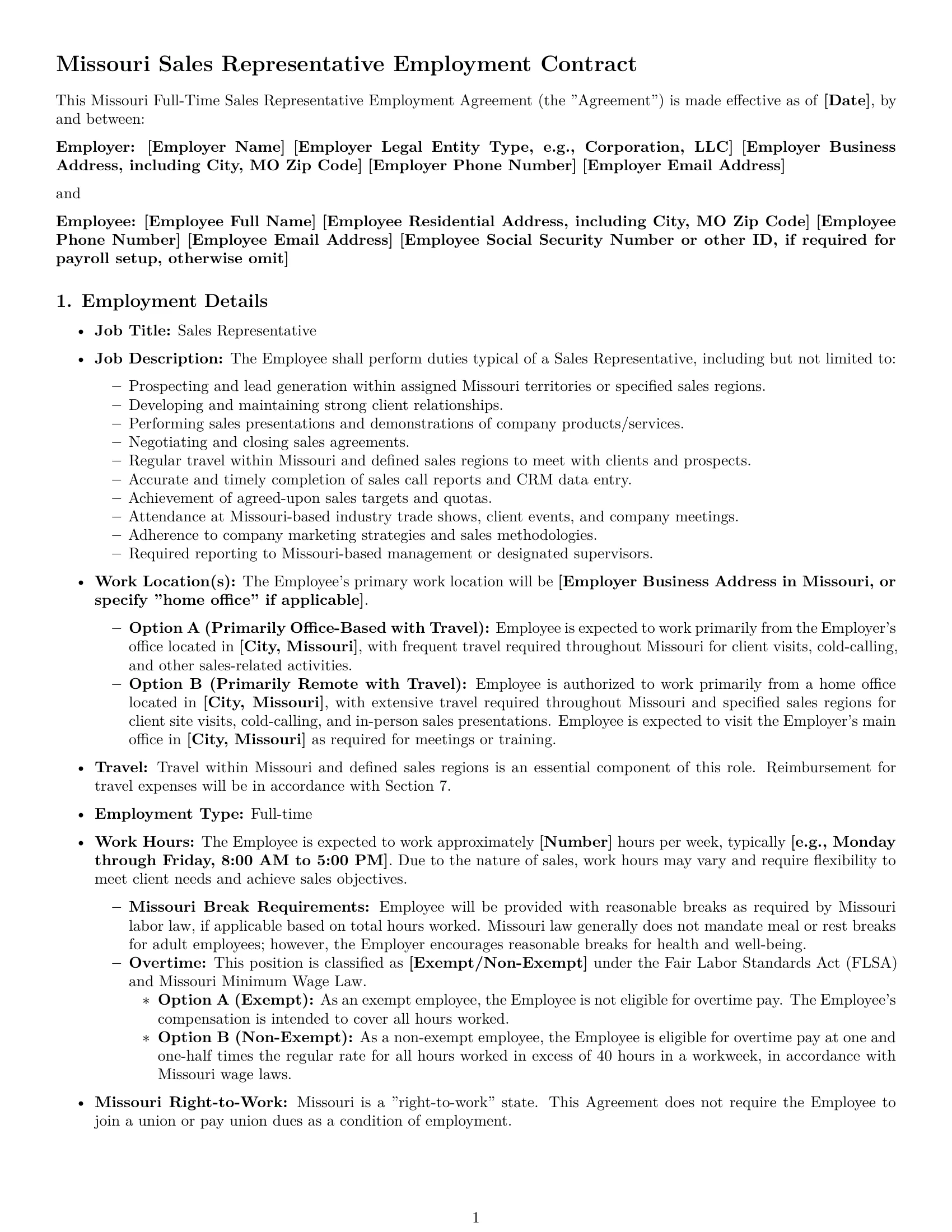 Preview page 1 of Pro Missouri sales representative employment contract template