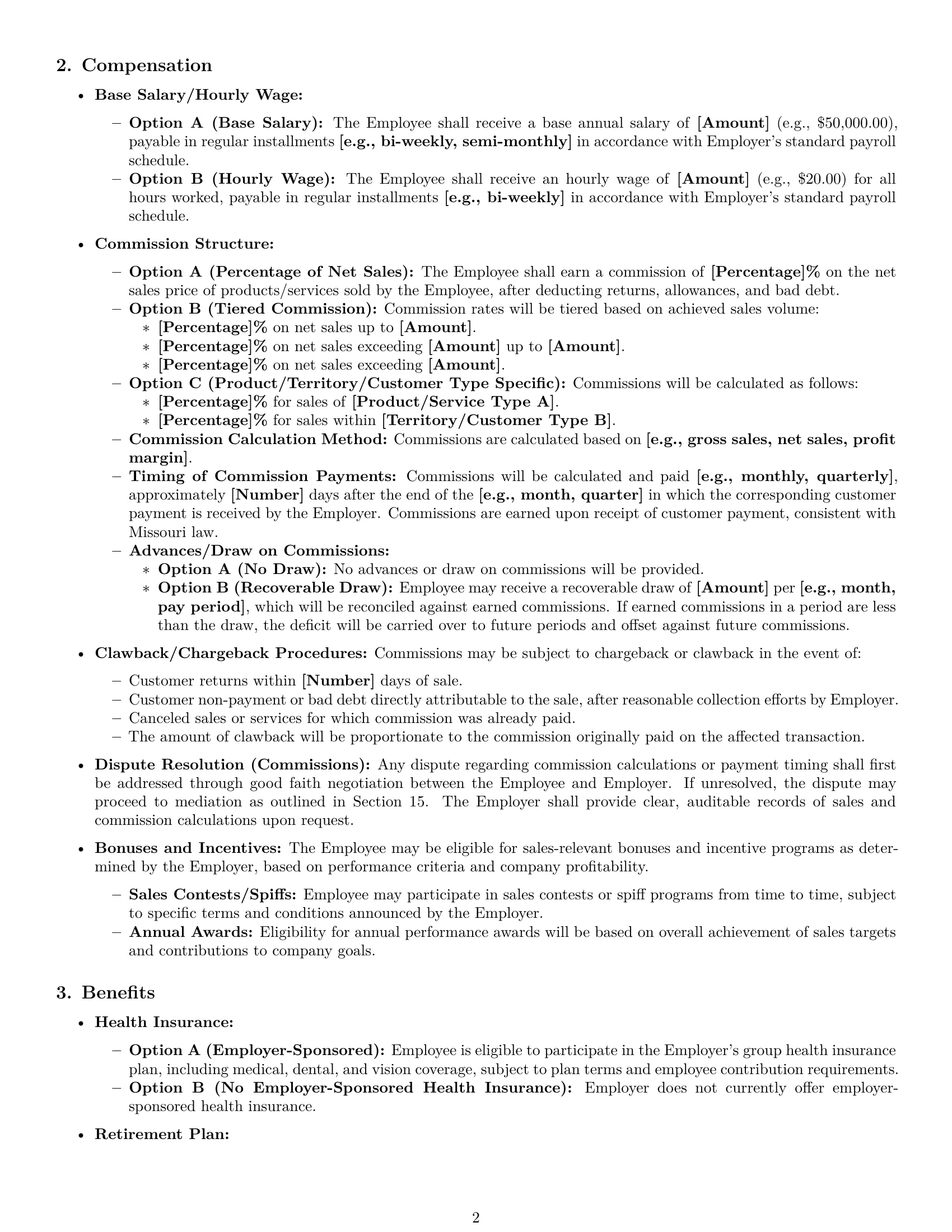 Preview page 2 of Pro Missouri sales representative employment contract template