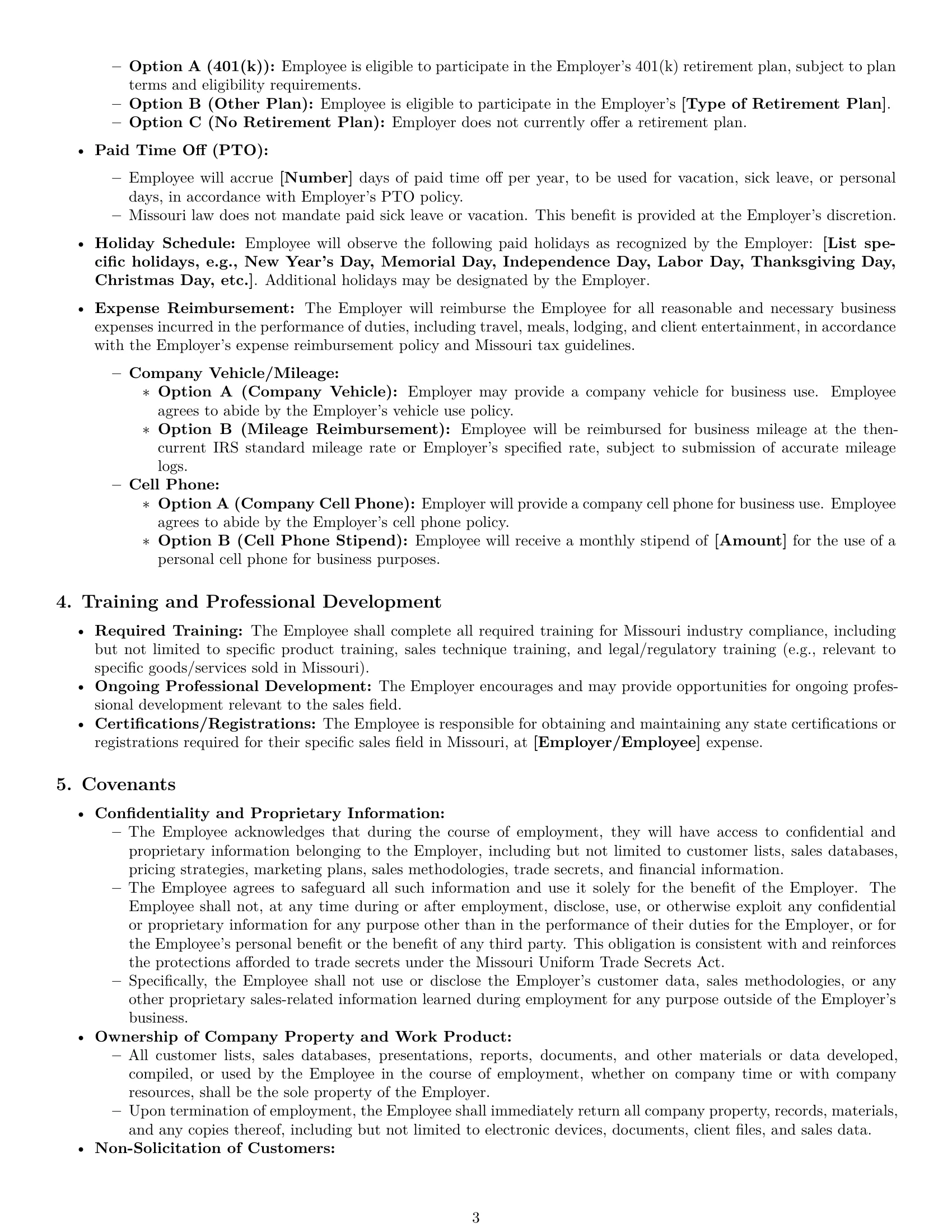 Preview page 3 of Pro Missouri sales representative employment contract template