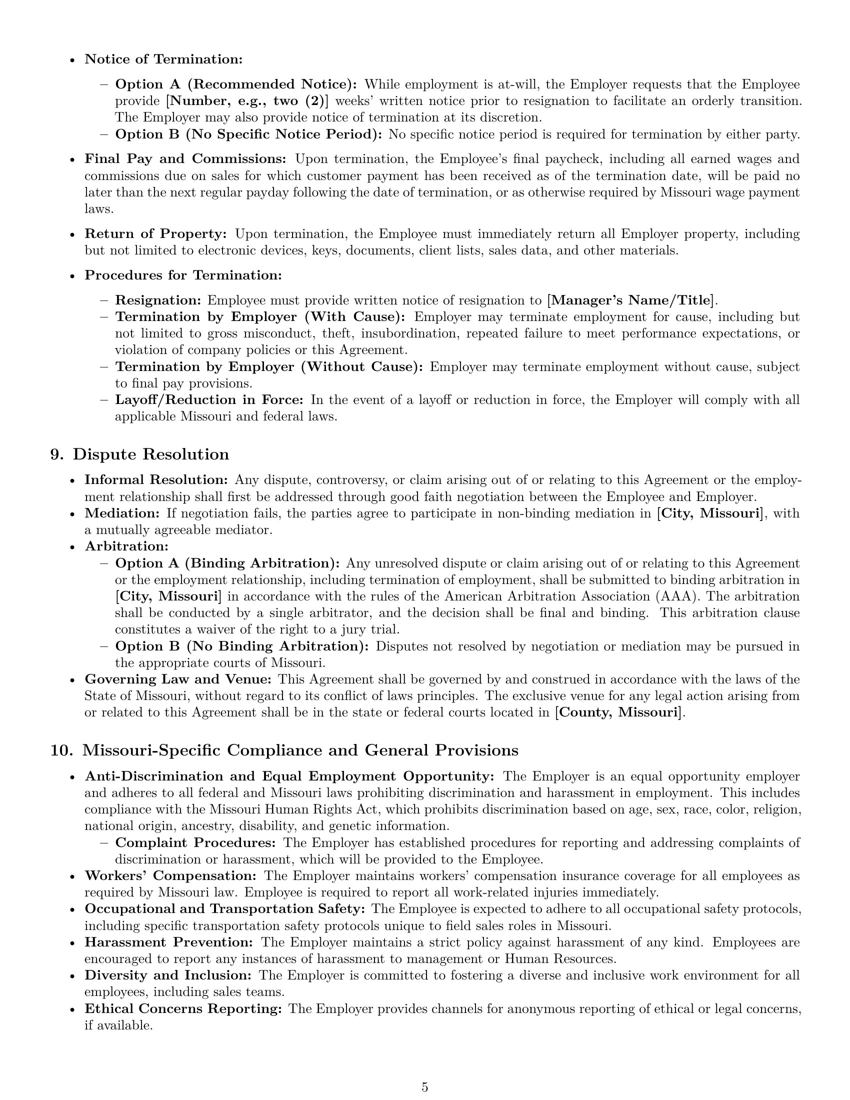 Preview page 5 of Pro Missouri sales representative employment contract template