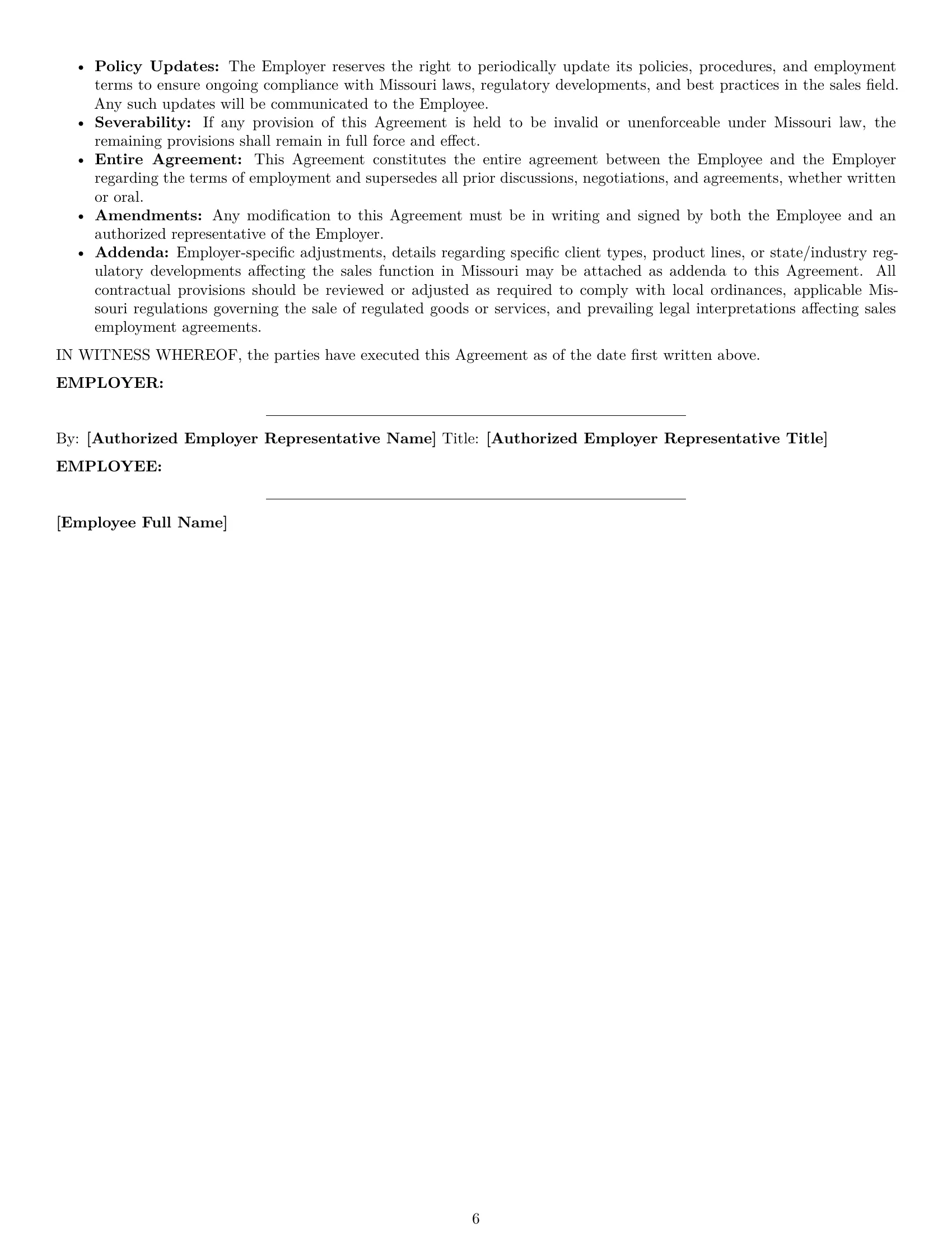 Preview page 6 of Pro Missouri sales representative employment contract template