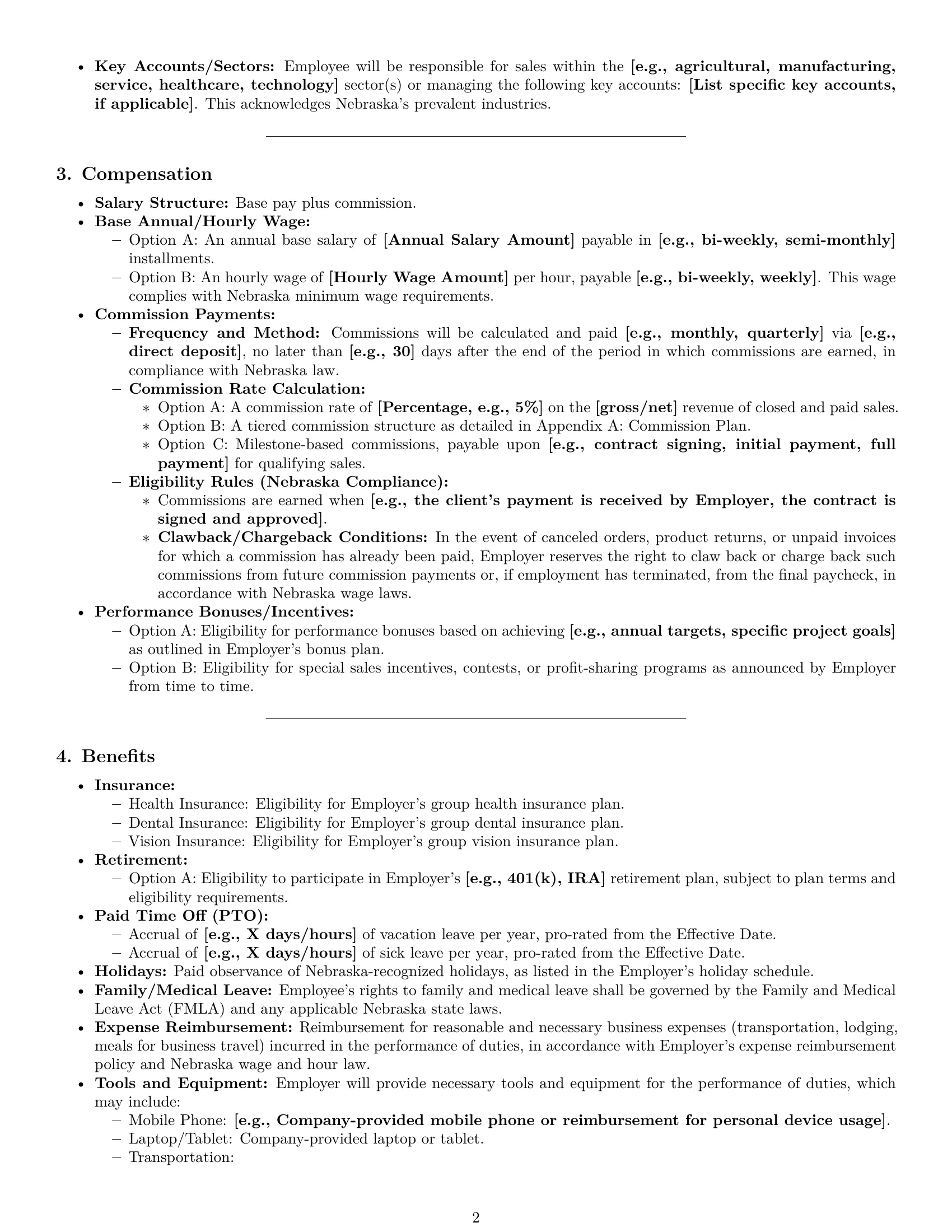 Preview page 2 of Pro Nebraska sales representative employment contract template