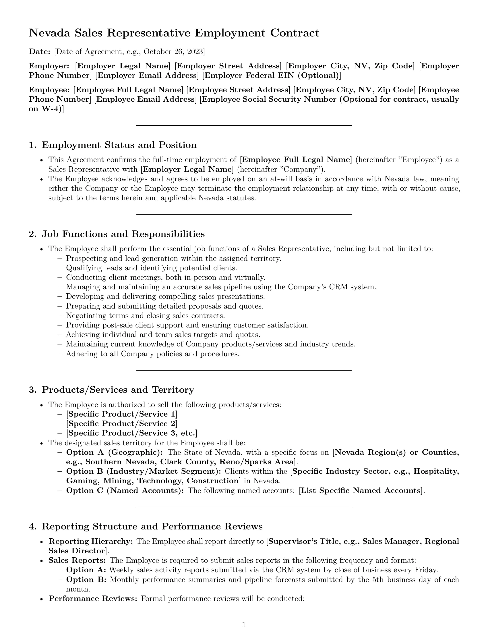 Preview page 1 of Pro Nevada sales representative employment contract template