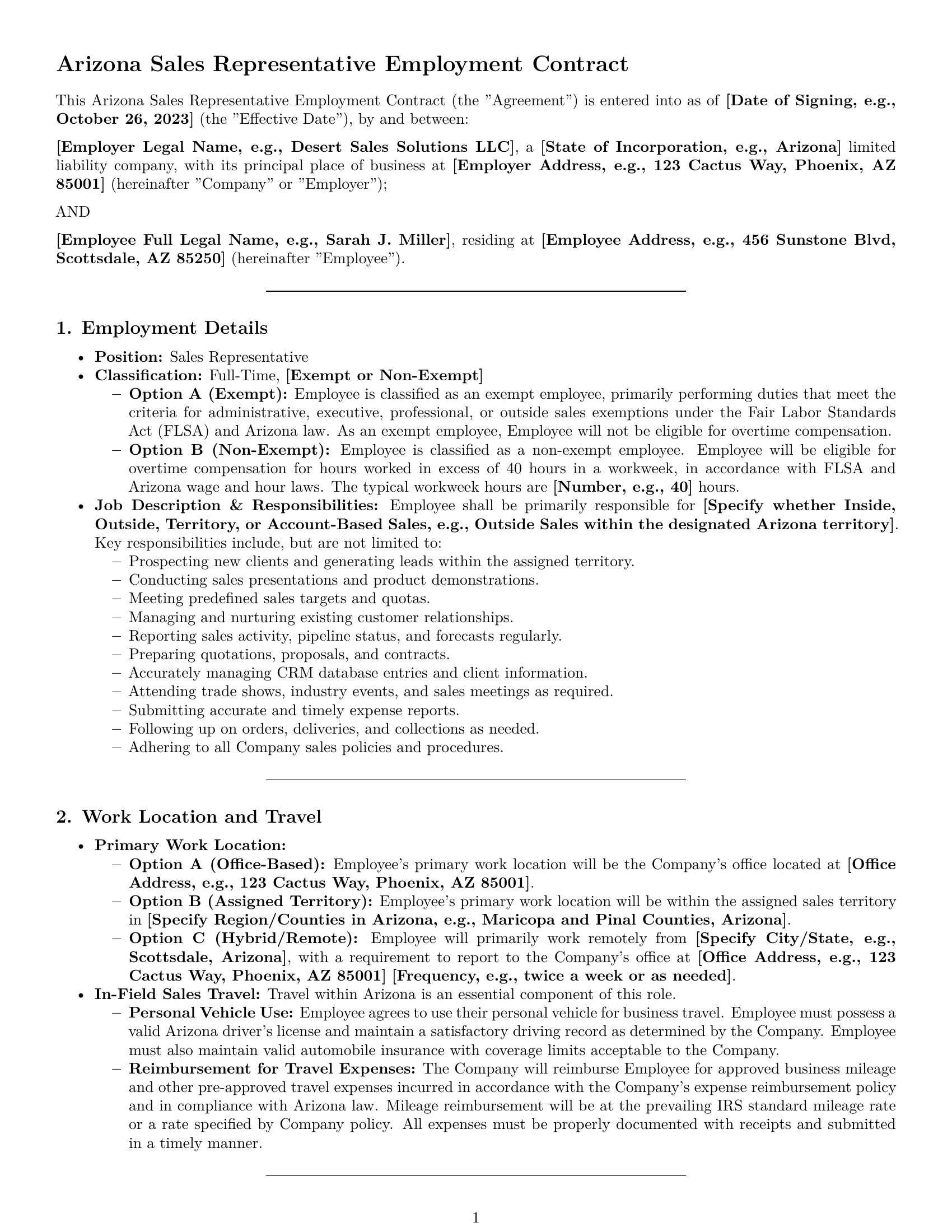 Preview page 1 of Pro Arizona sales representative employment contract template