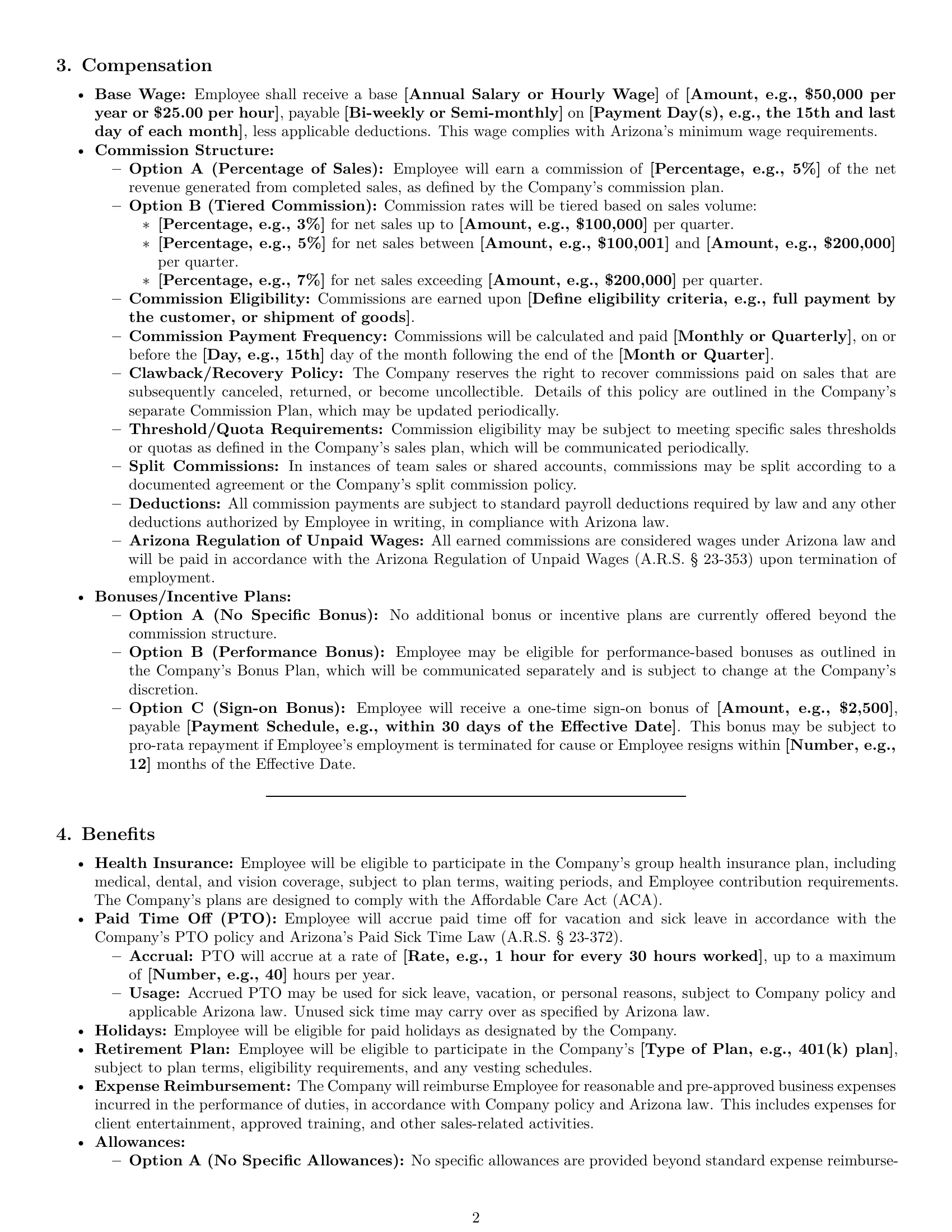 Preview page 2 of Pro Arizona sales representative employment contract template