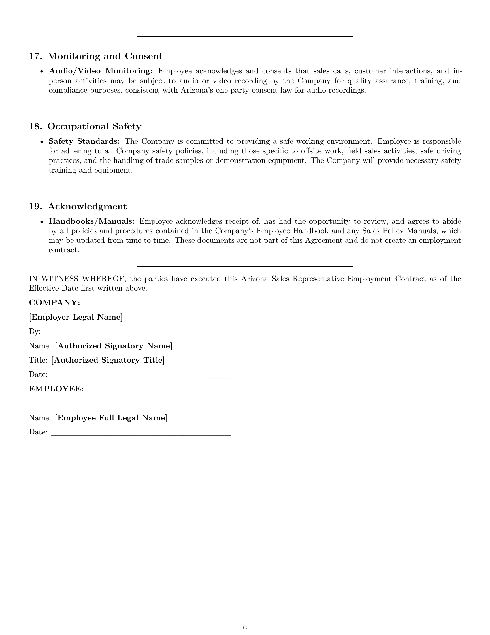 Preview page 6 of Pro Arizona sales representative employment contract template