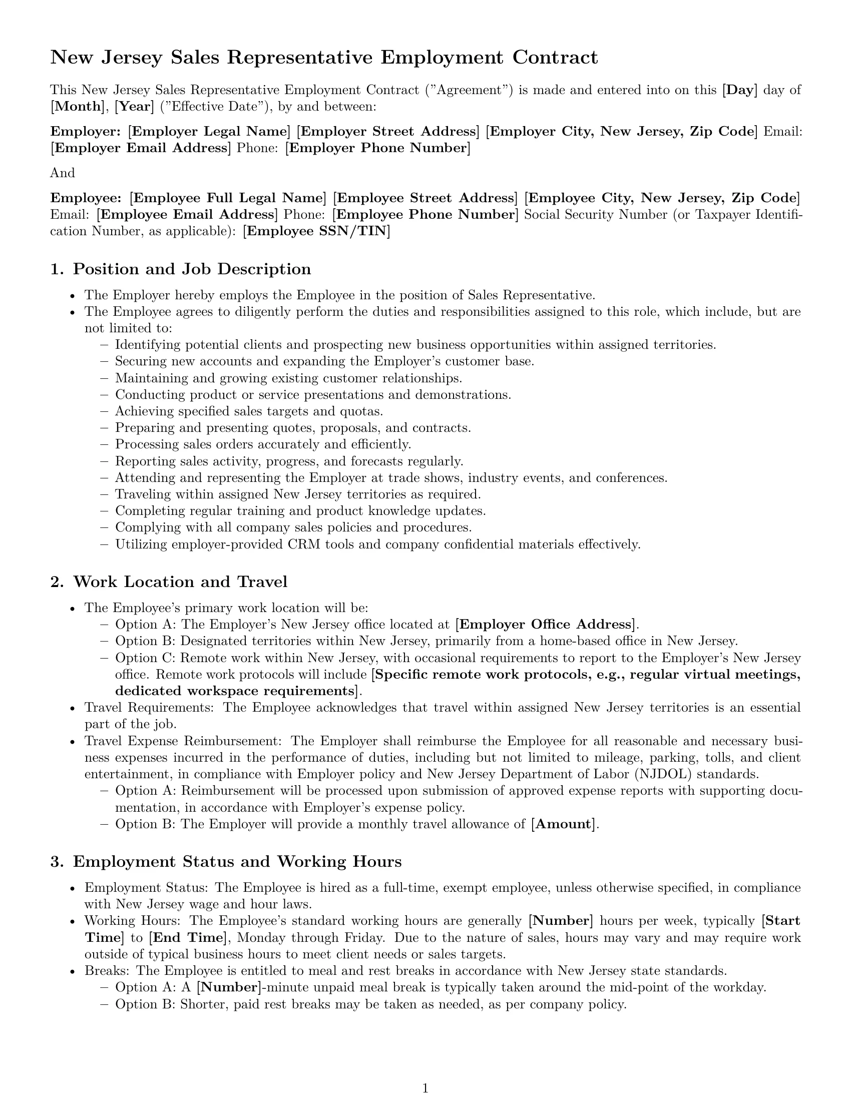 Preview page 1 of Pro New Jersey sales representative employment contract template