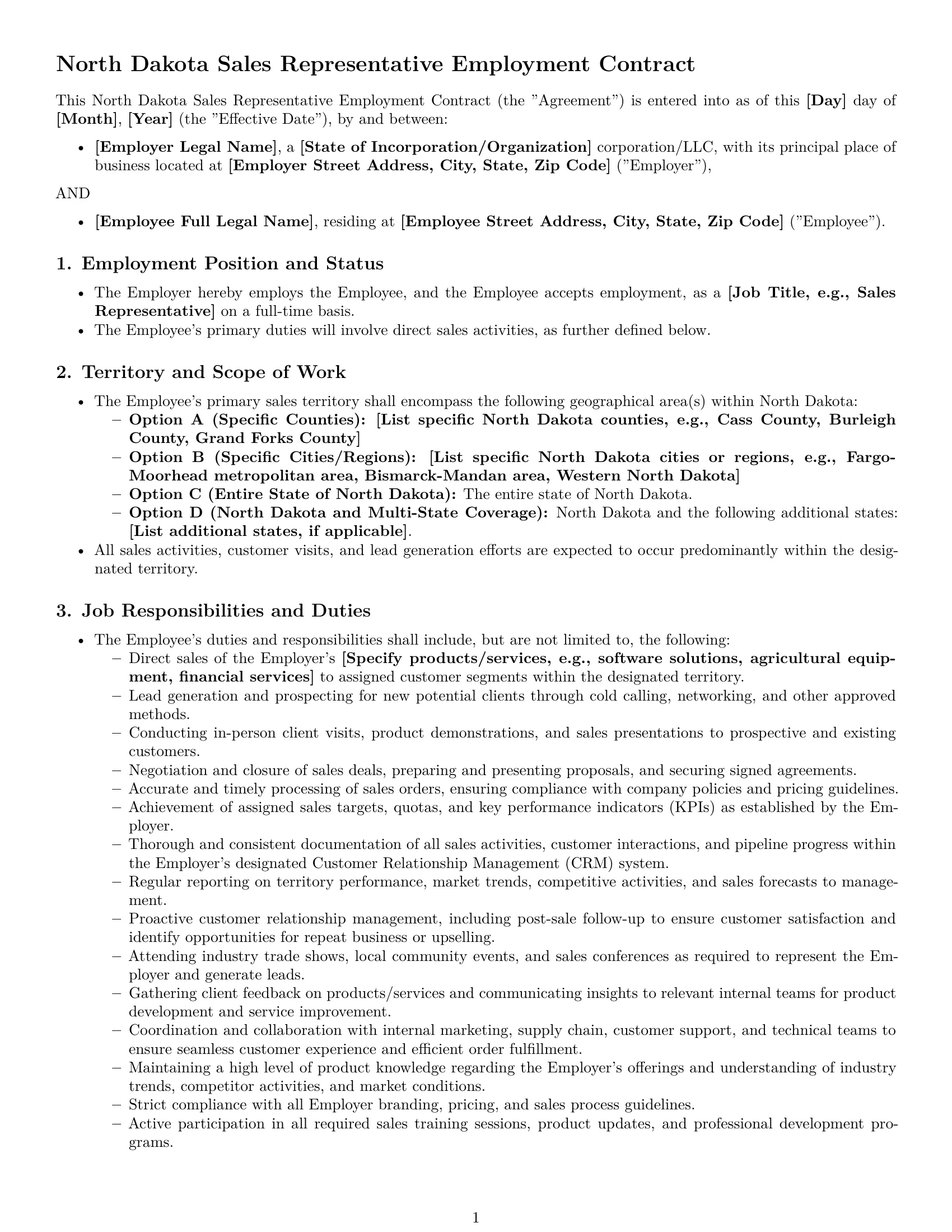 Preview page 1 of Pro North Dakota sales representative employment contract template