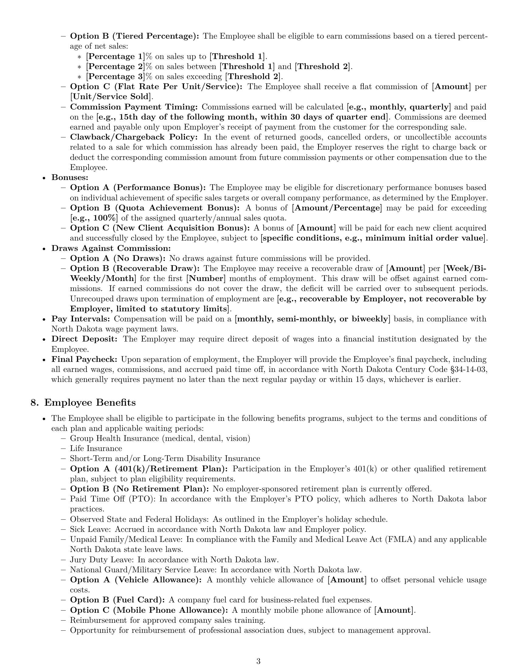 Preview page 3 of Pro North Dakota sales representative employment contract template