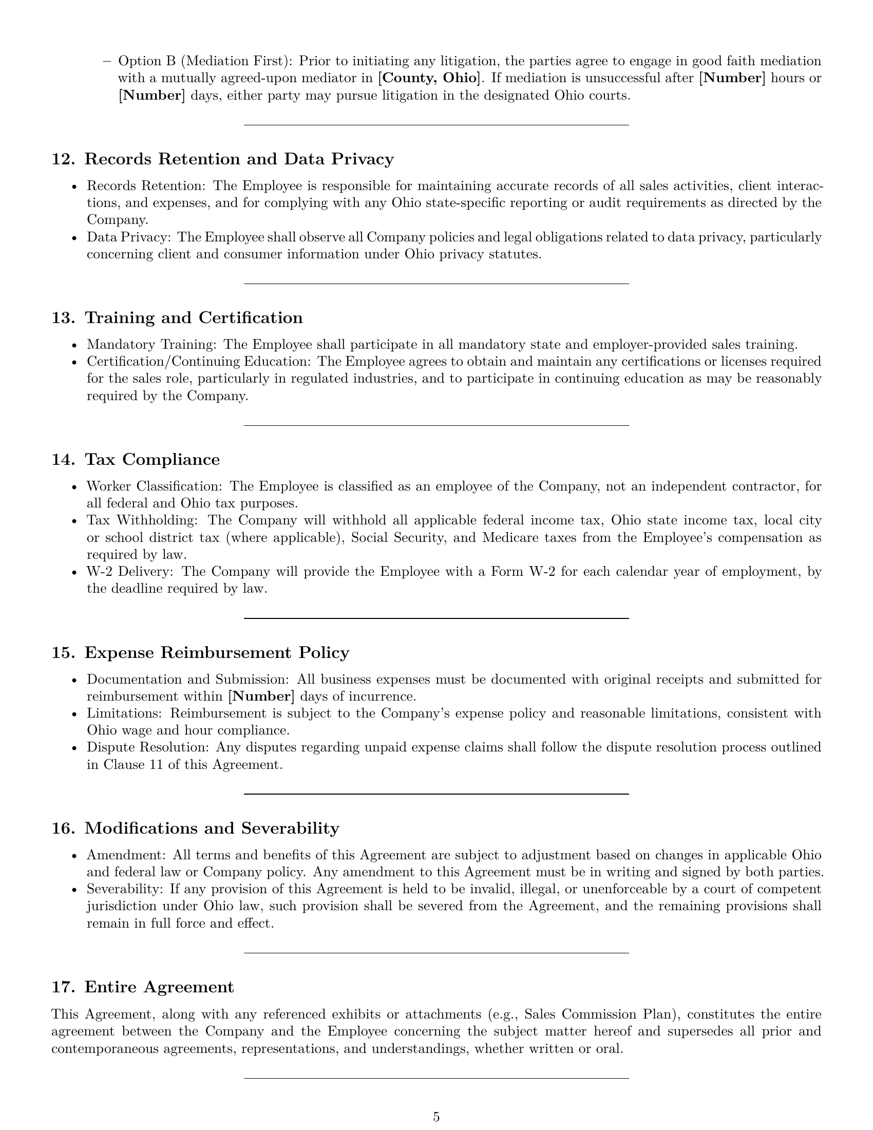 Preview page 5 of Pro Ohio sales representative employment contract template