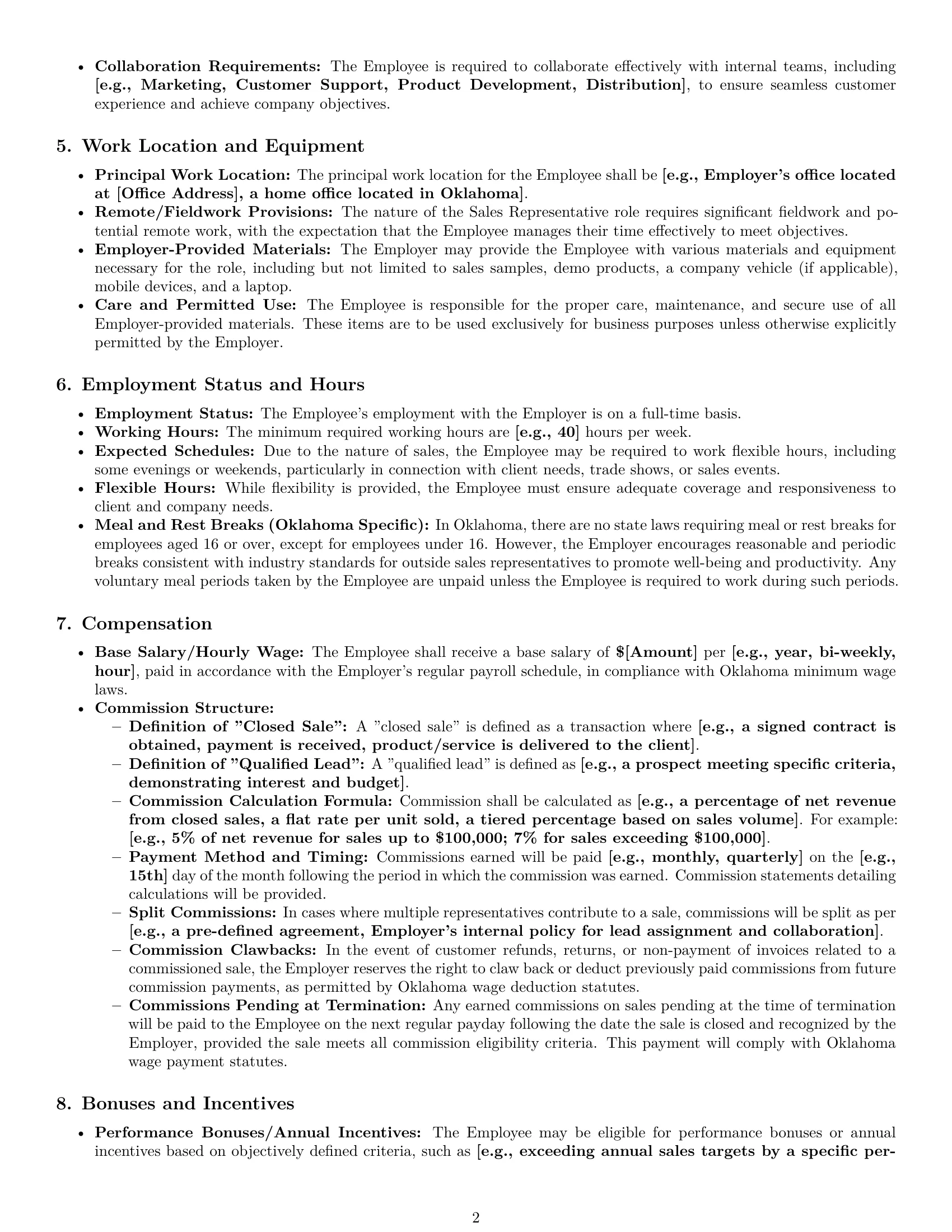 Preview page 2 of Pro Oklahoma sales representative employment contract template