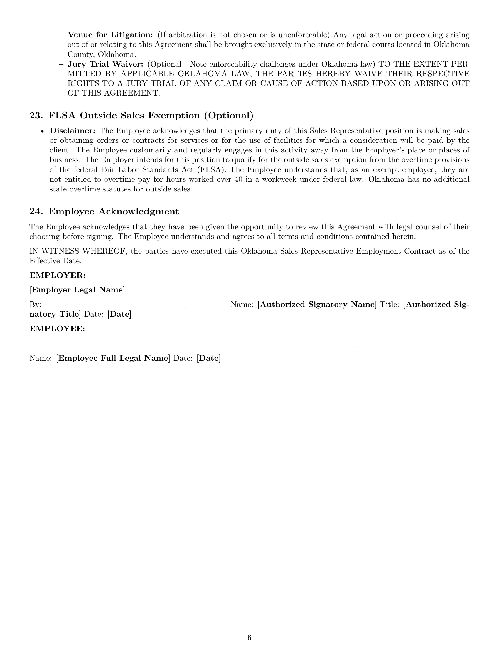 Preview page 6 of Pro Oklahoma sales representative employment contract template