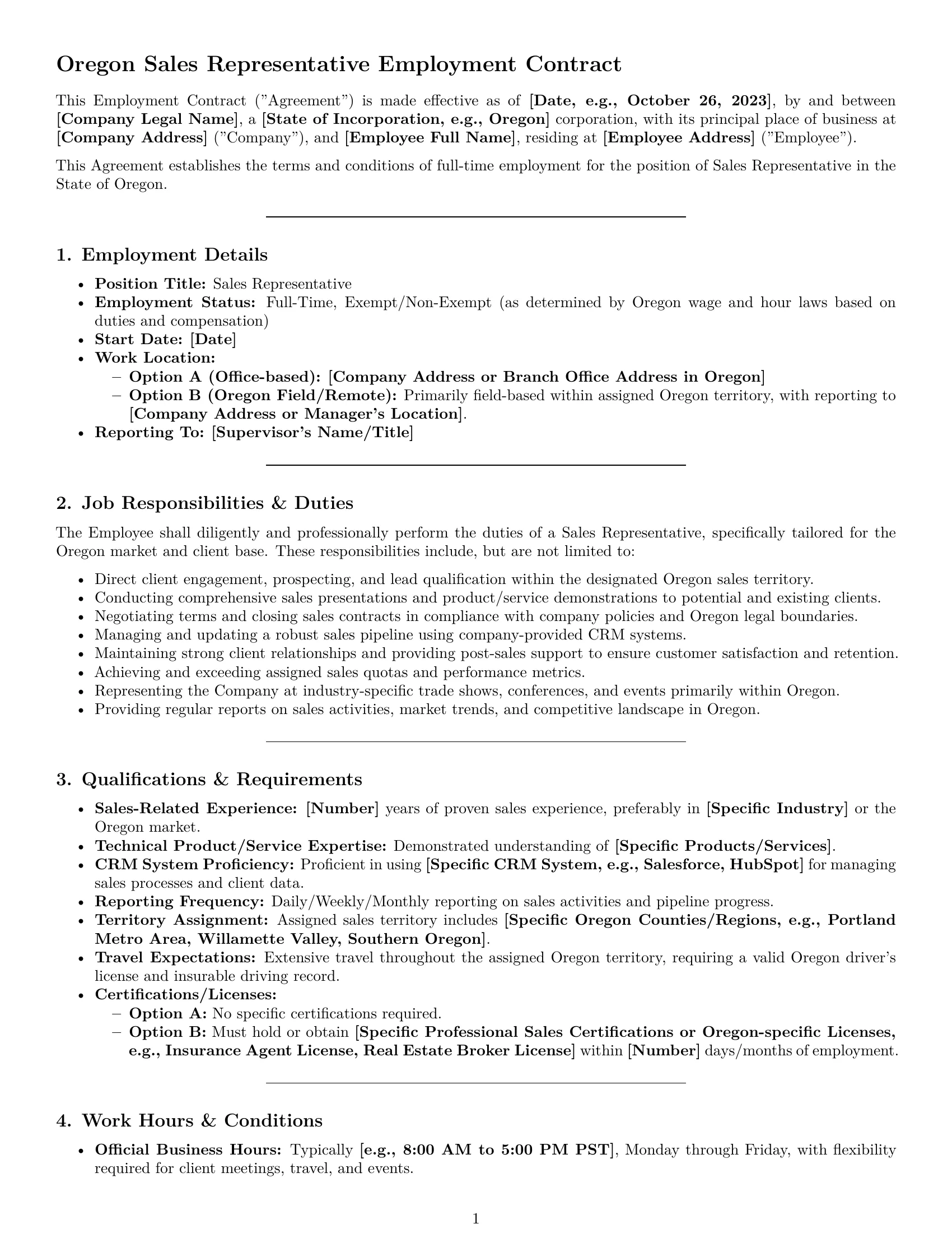 Preview page 1 of Pro Oregon sales representative employment contract template