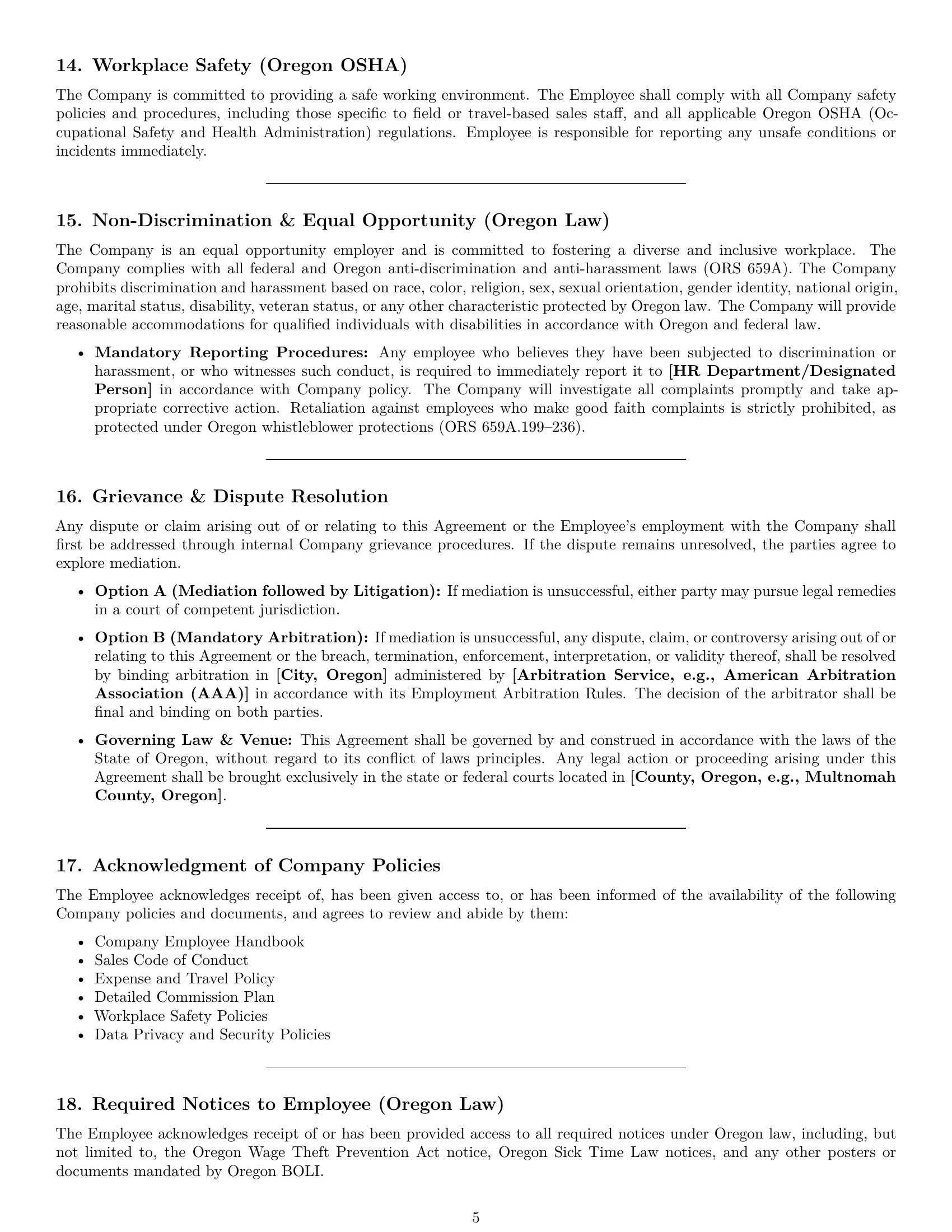 Preview page 5 of Pro Oregon sales representative employment contract template