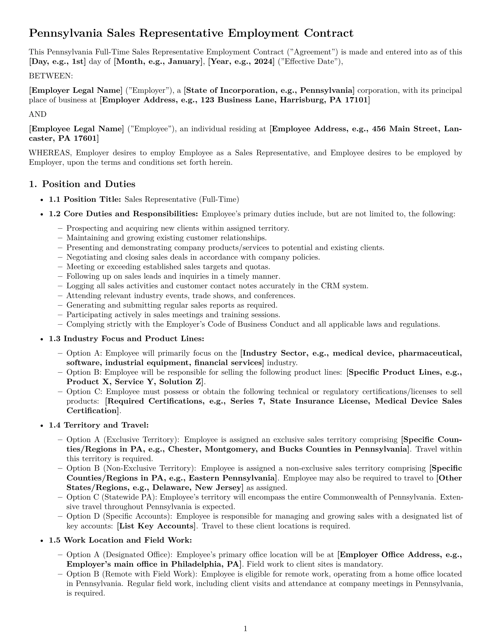 Preview page 1 of Pro Pennsylvania sales representative employment contract template