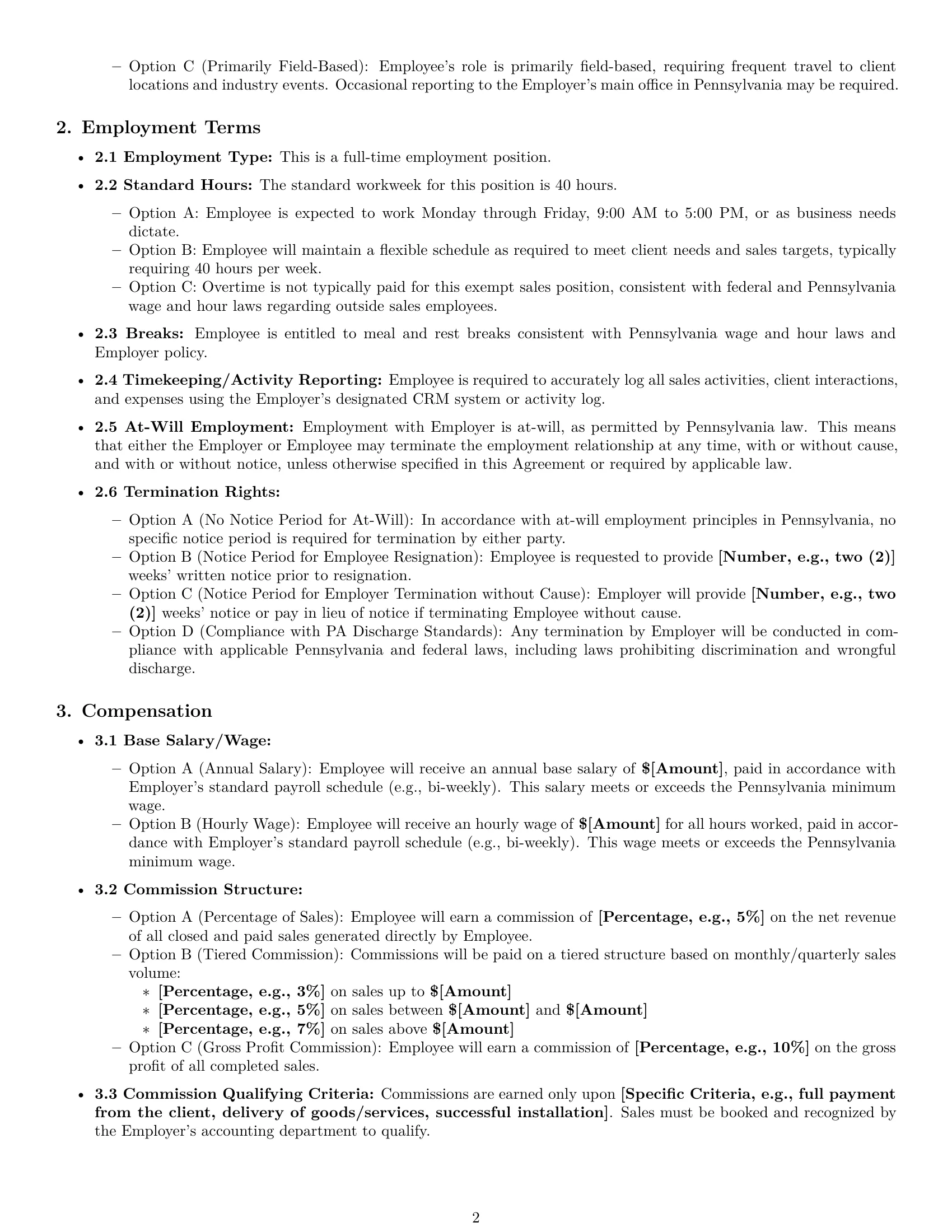 Preview page 2 of Pro Pennsylvania sales representative employment contract template