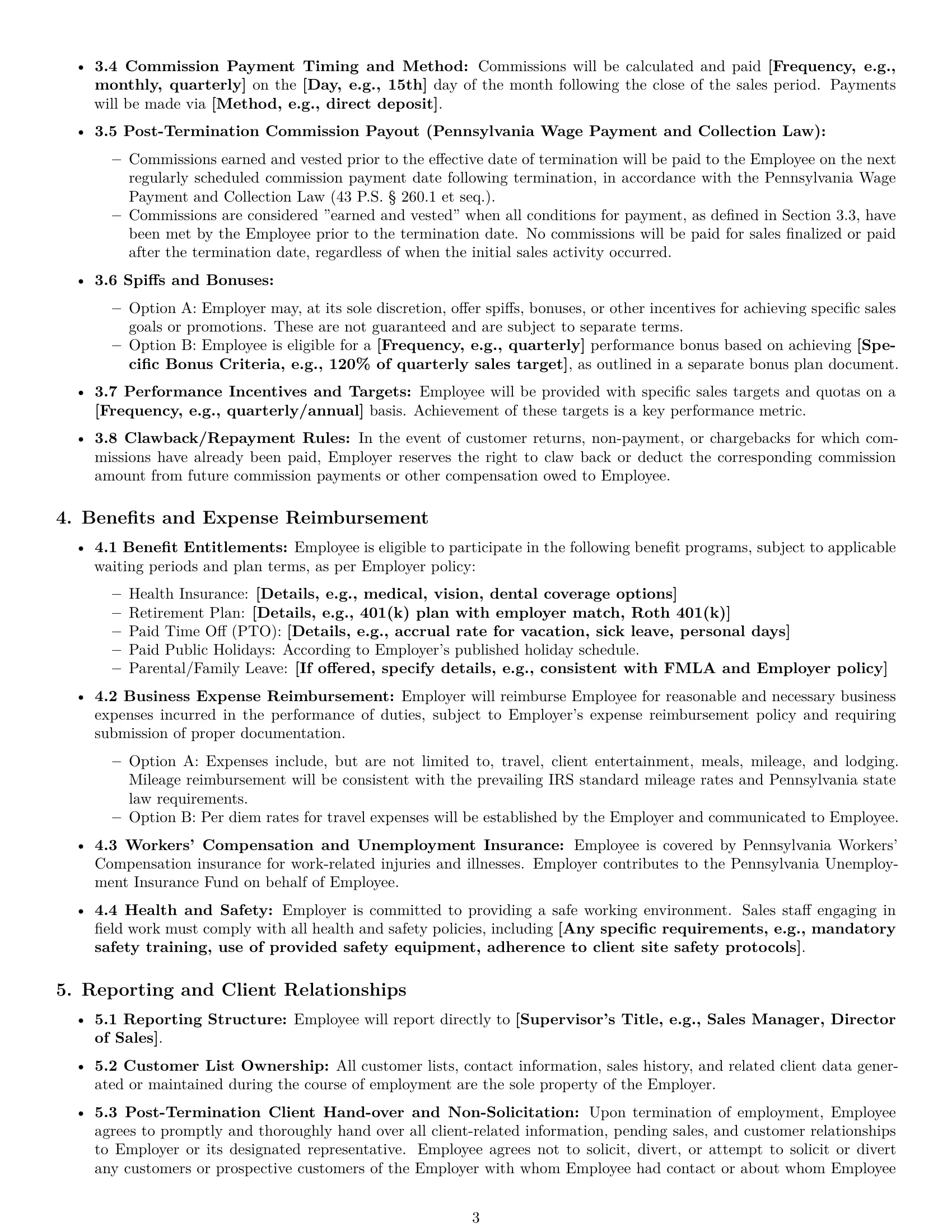 Preview page 3 of Pro Pennsylvania sales representative employment contract template