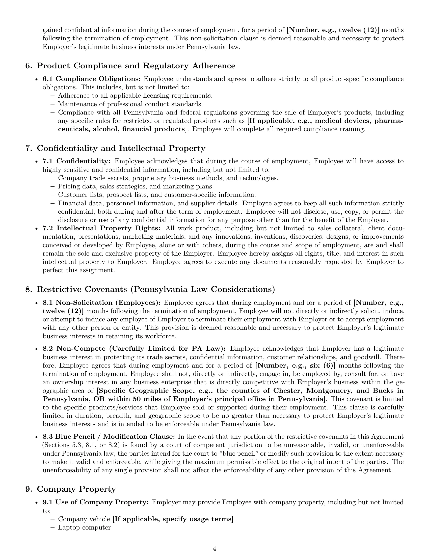 Preview page 4 of Pro Pennsylvania sales representative employment contract template
