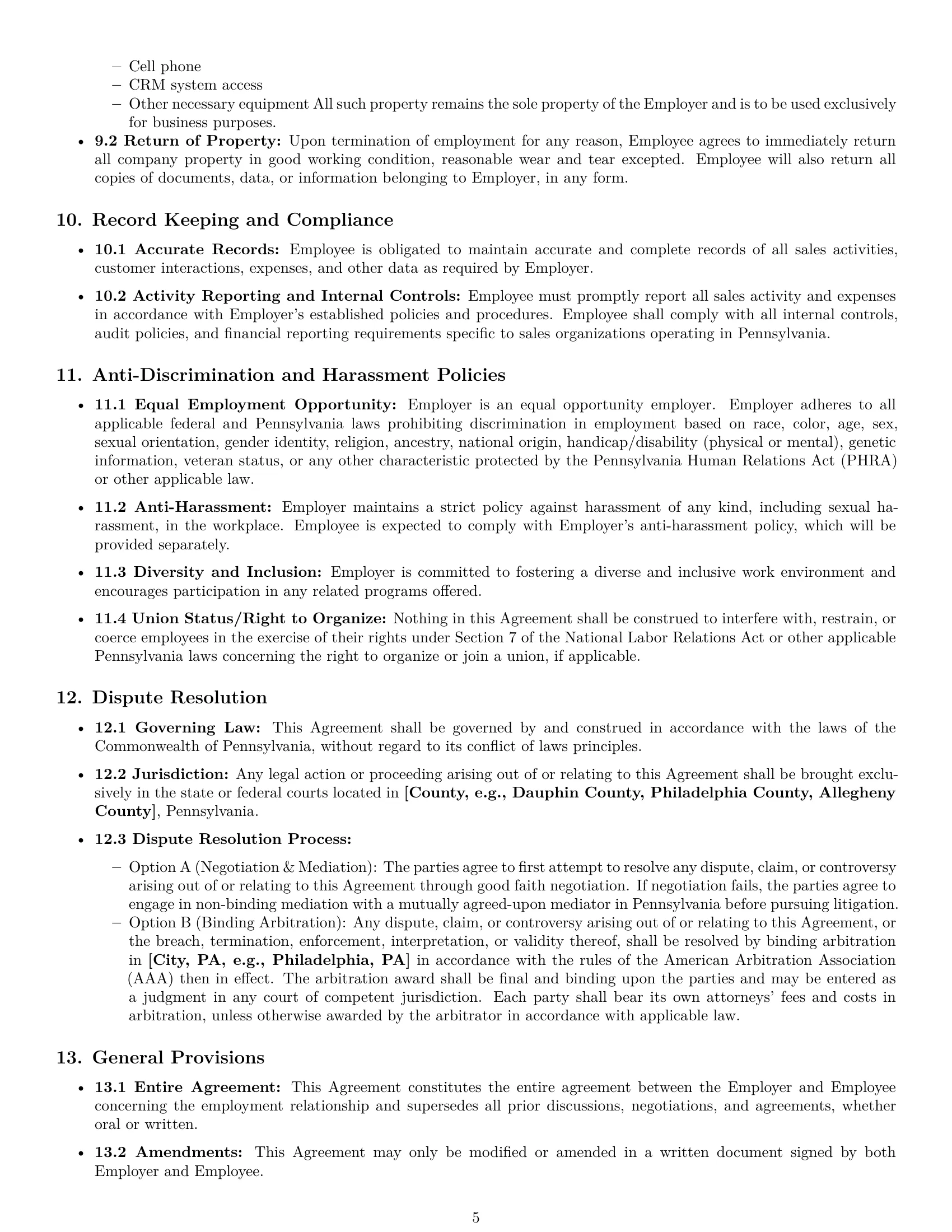 Preview page 5 of Pro Pennsylvania sales representative employment contract template