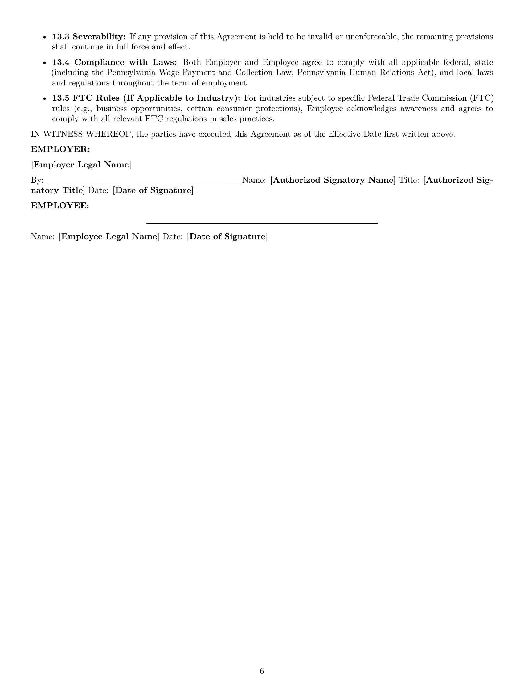 Preview page 6 of Pro Pennsylvania sales representative employment contract template