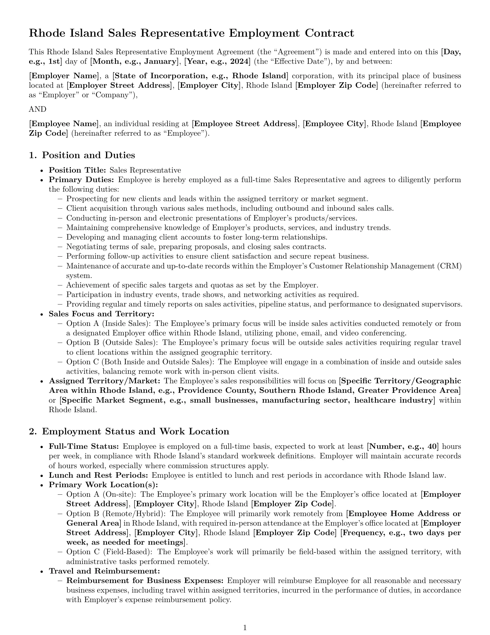Preview page 1 of Pro Rhode Island sales representative employment contract template
