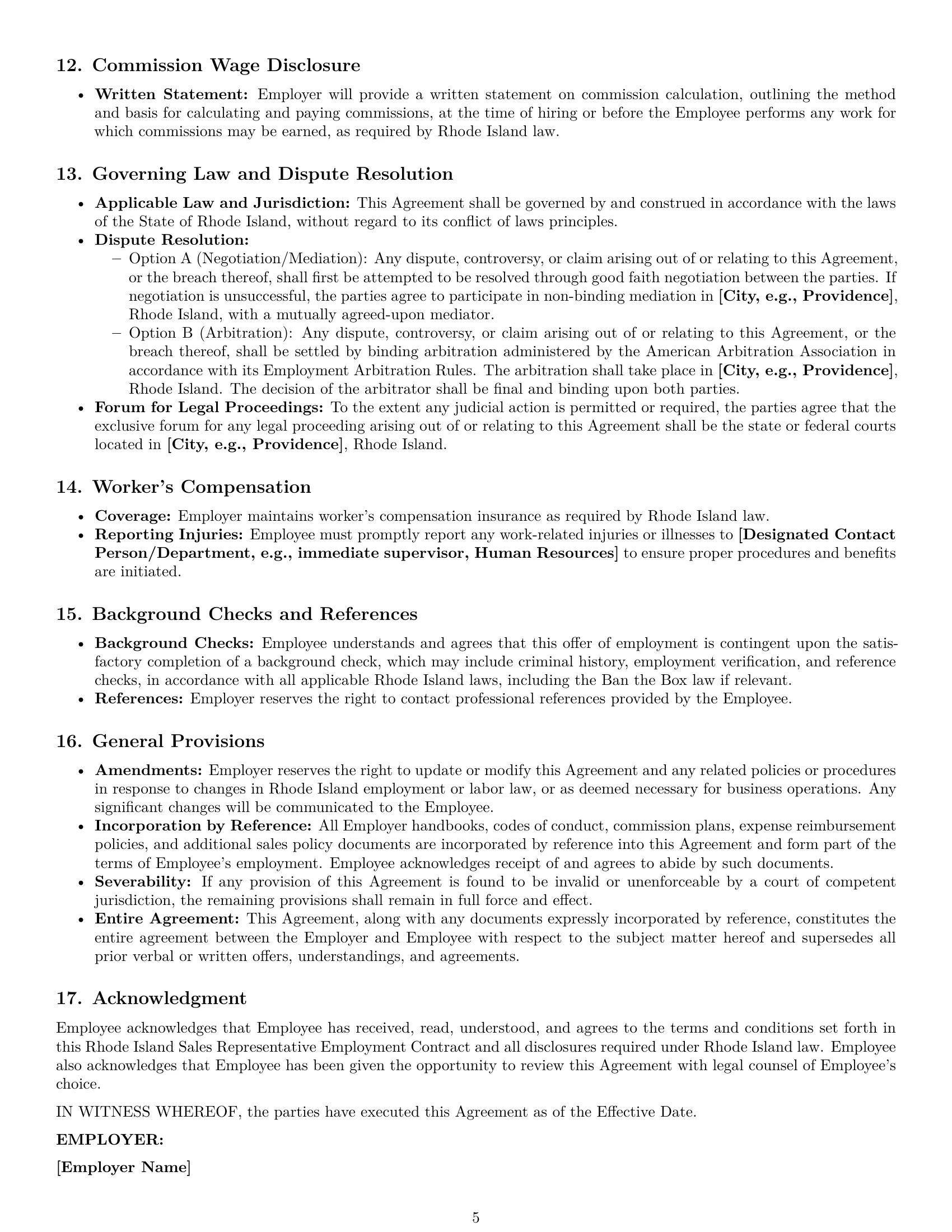 Preview page 5 of Pro Rhode Island sales representative employment contract template