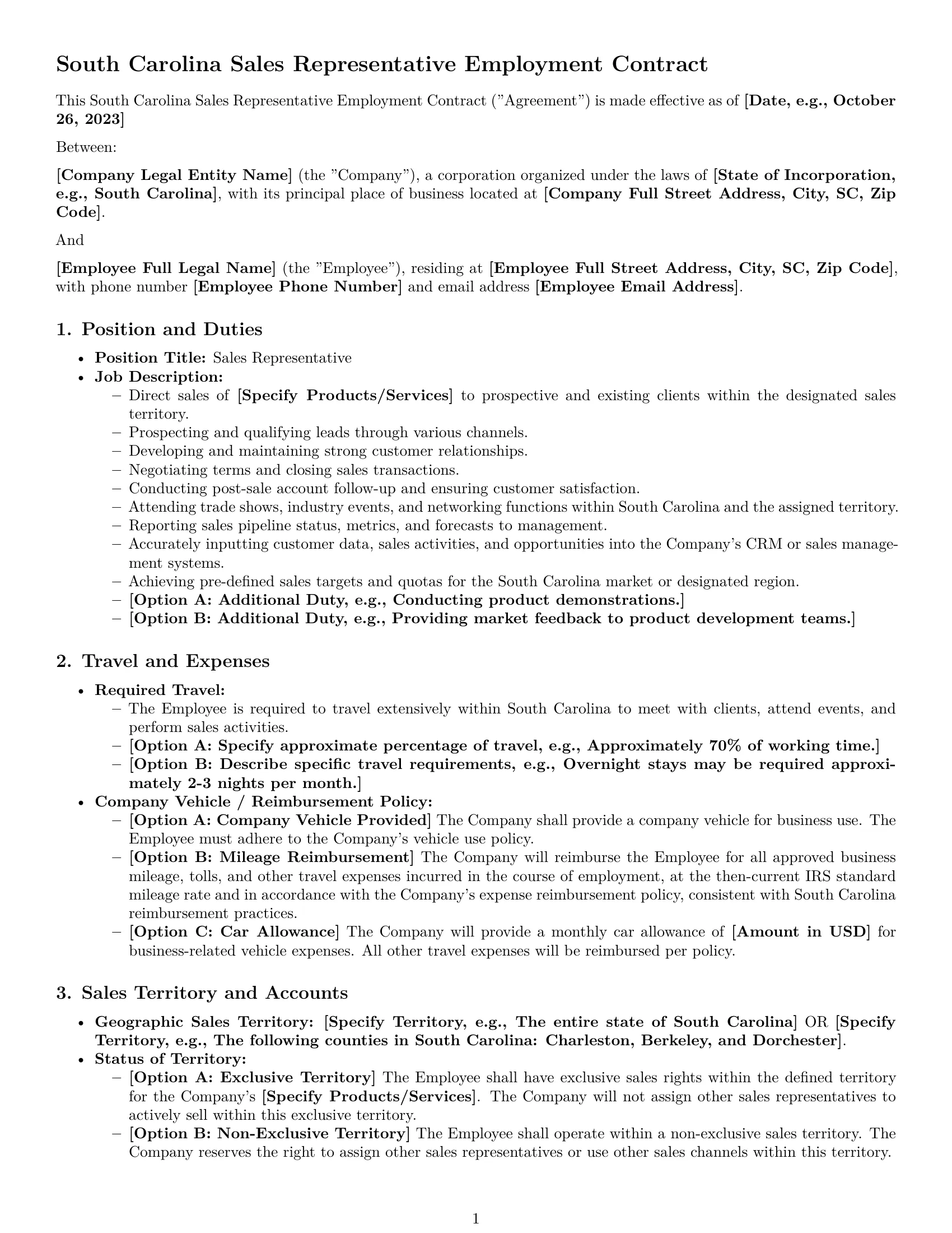 Preview page 1 of Pro South Carolina sales representative employment contract template