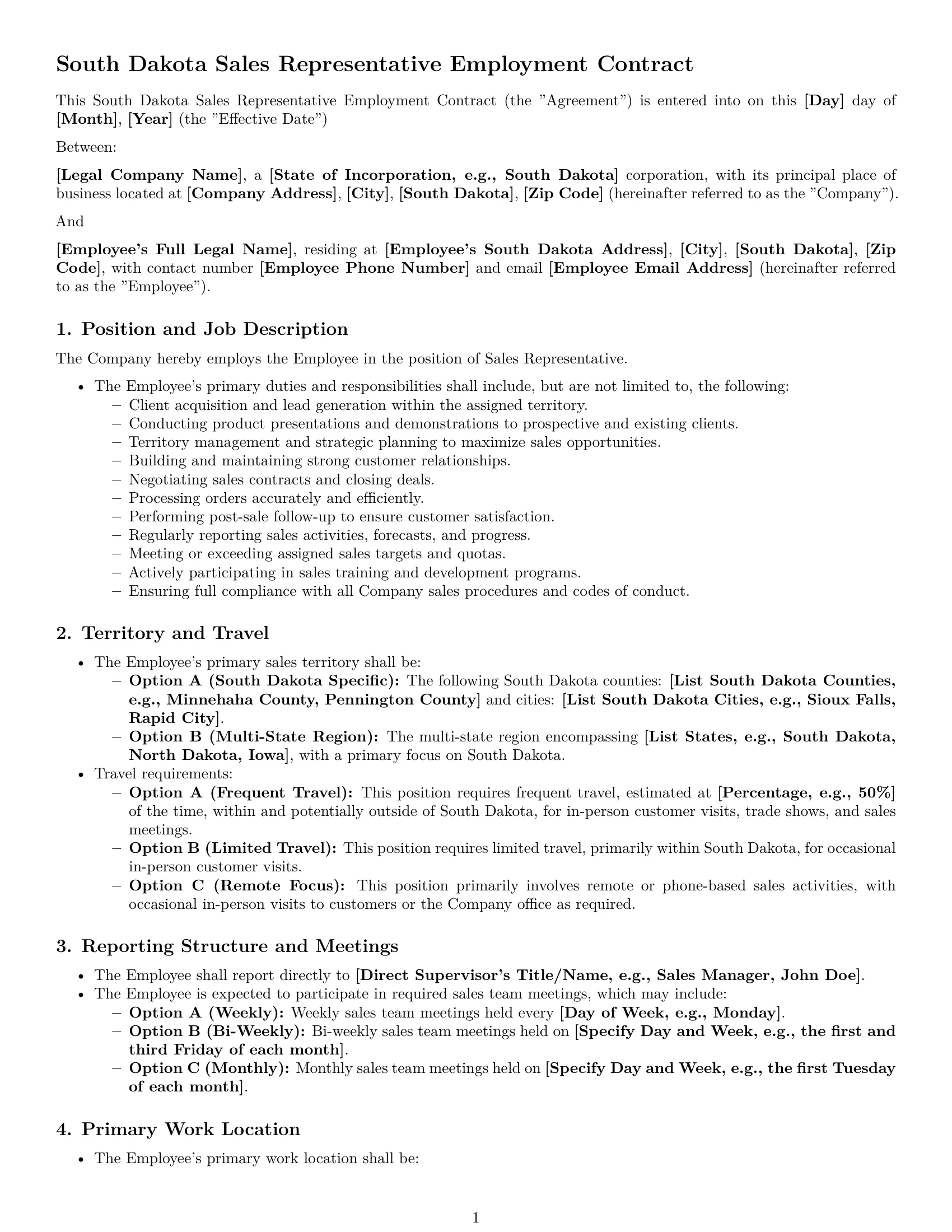 Preview page 1 of Pro South Dakota sales representative employment contract template