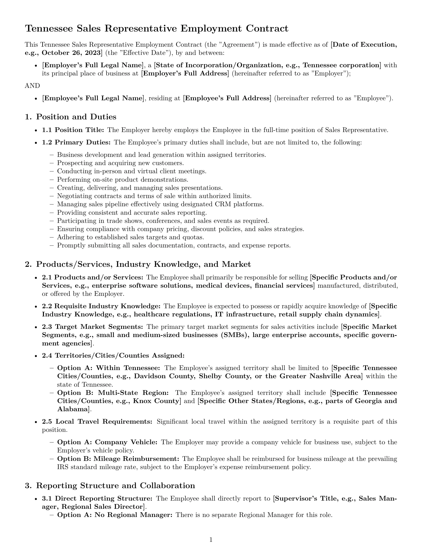 Preview page 1 of Pro Tennessee sales representative employment contract template