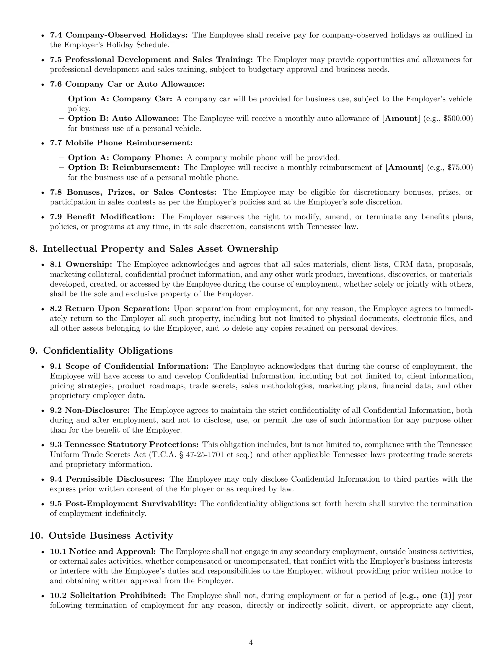 Preview page 4 of Pro Tennessee sales representative employment contract template