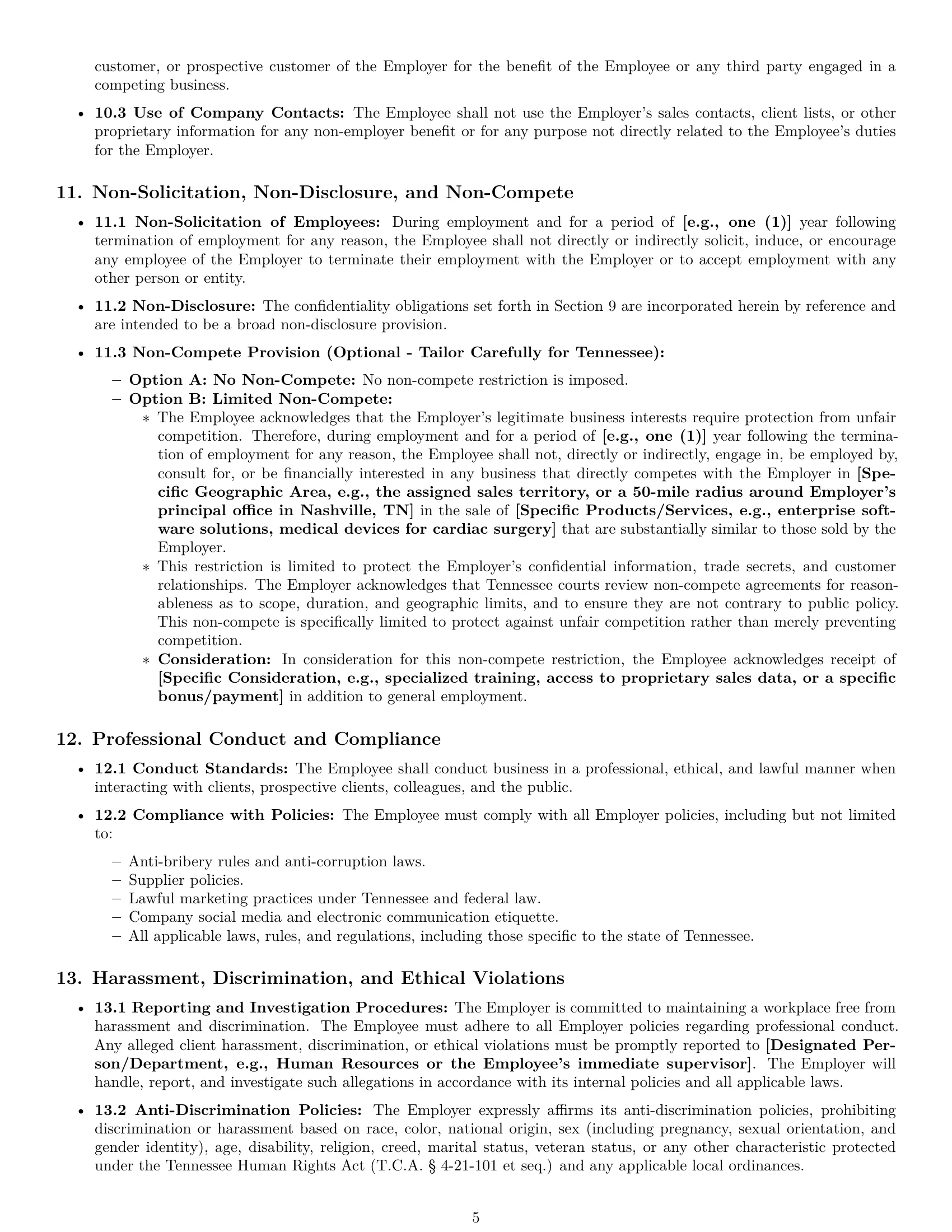 Preview page 5 of Pro Tennessee sales representative employment contract template