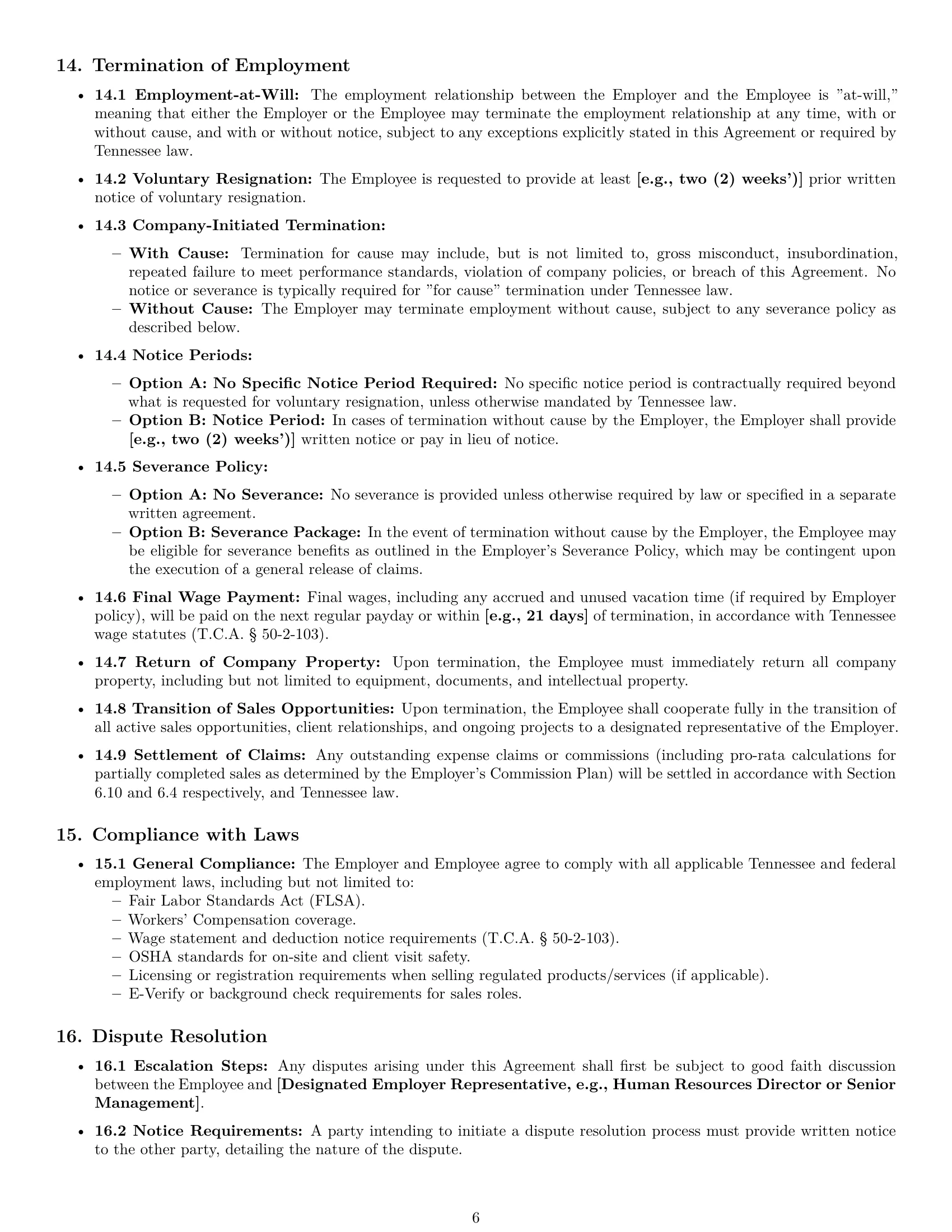 Preview page 6 of Pro Tennessee sales representative employment contract template