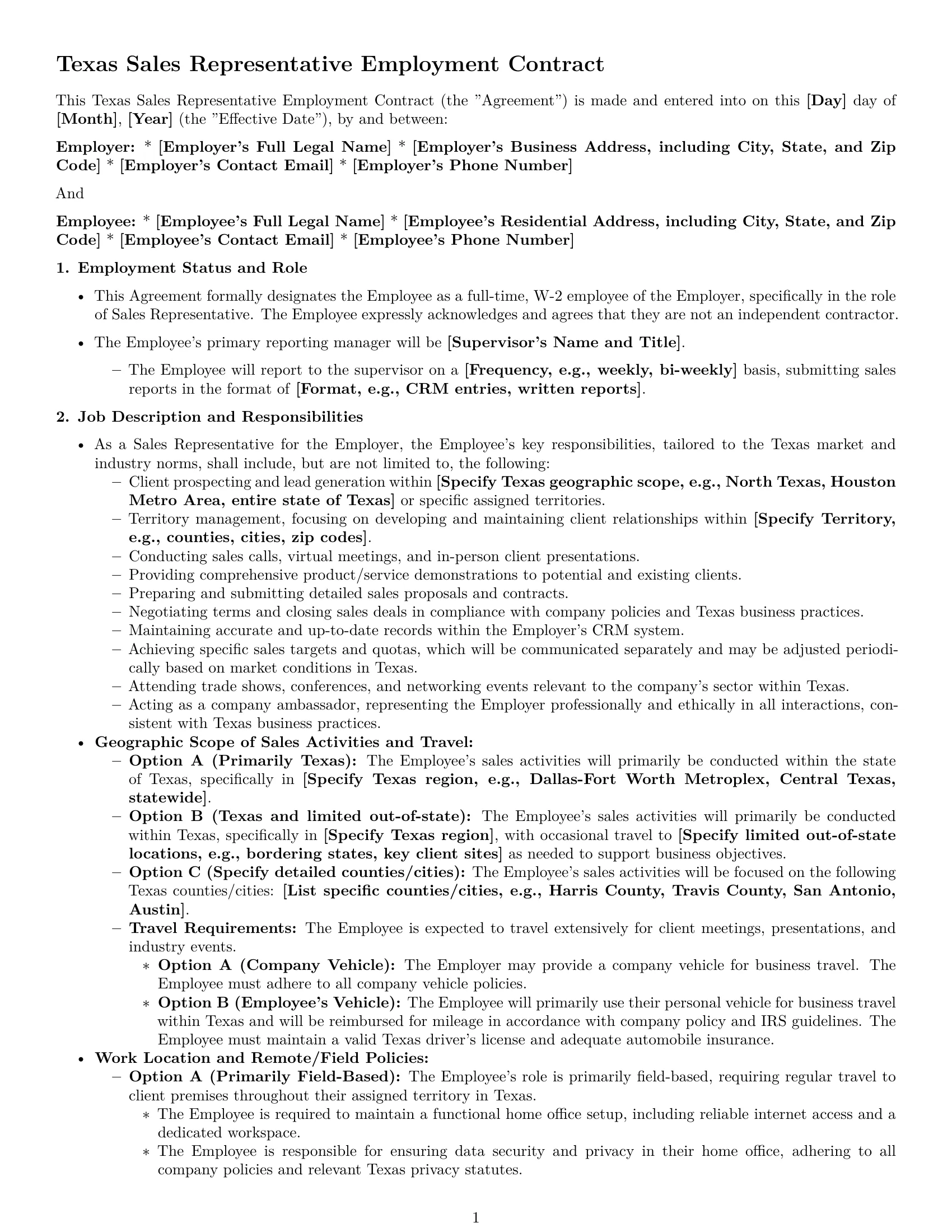 Preview page 1 of Pro Texas sales representative employment contract template