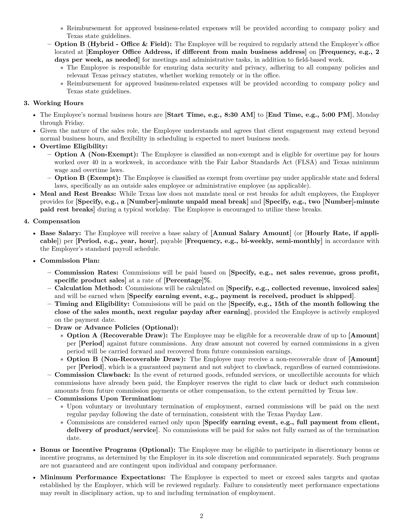 Preview page 2 of Pro Texas sales representative employment contract template