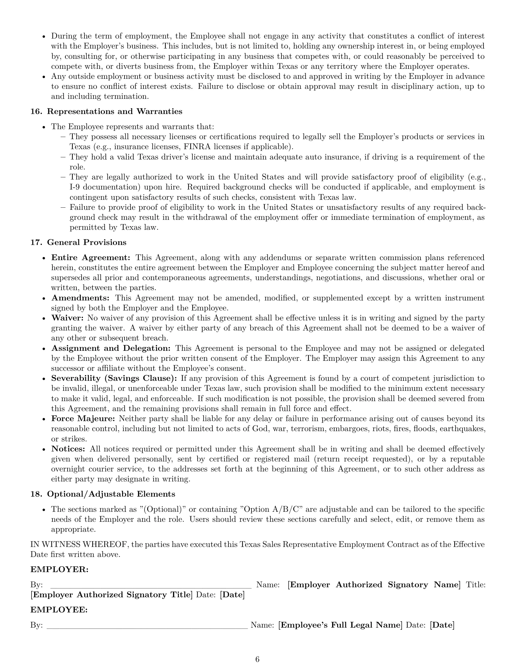 Preview page 6 of Pro Texas sales representative employment contract template
