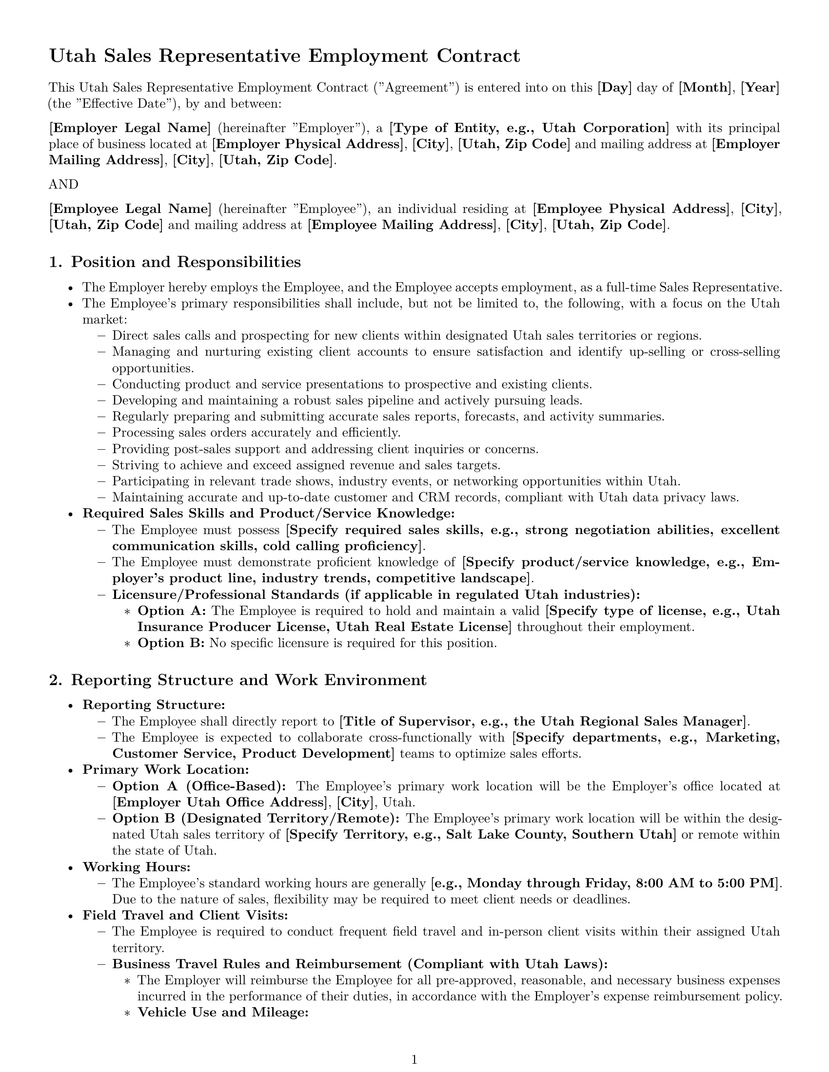 Preview page 1 of Pro Utah sales representative employment contract template