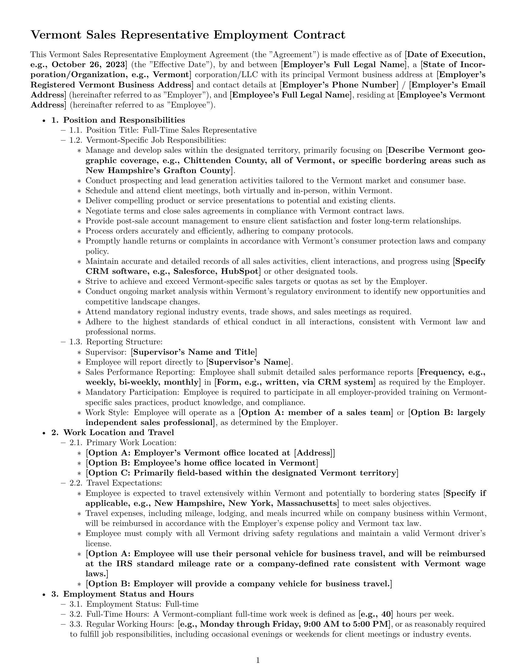 Preview page 1 of Pro Vermont sales representative employment contract template