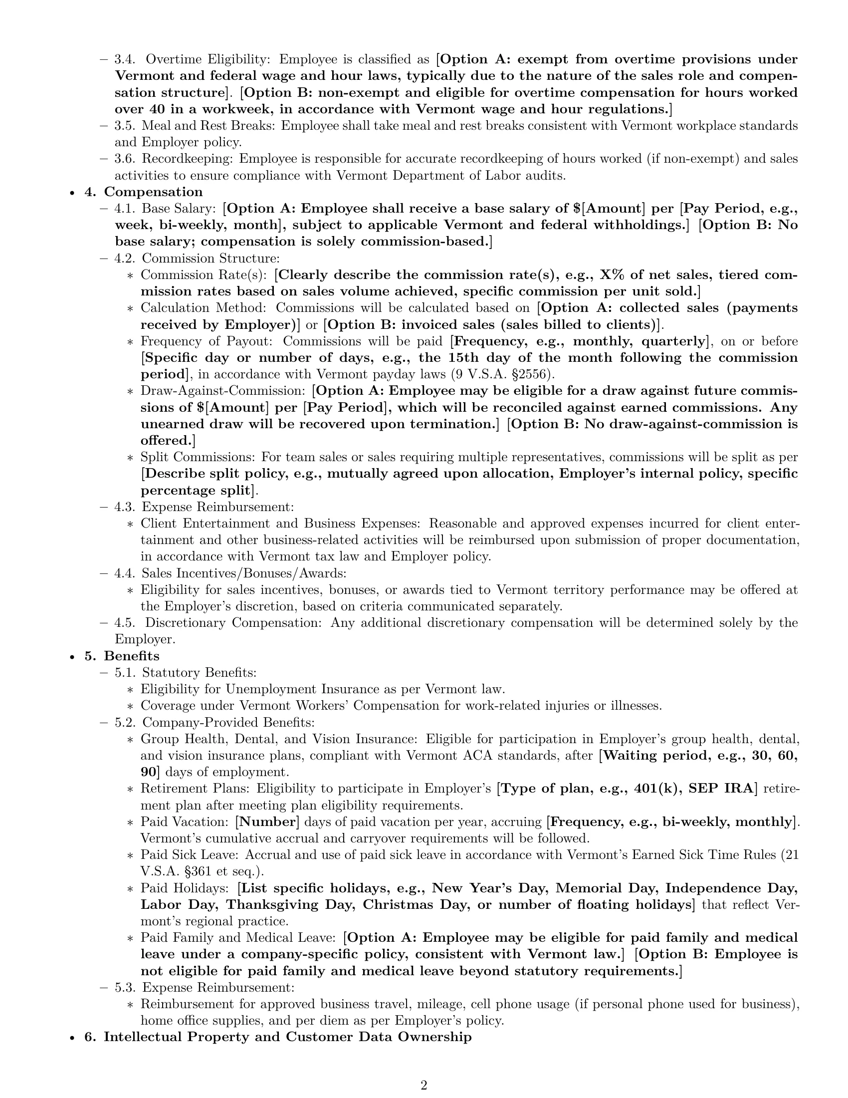 Preview page 2 of Pro Vermont sales representative employment contract template
