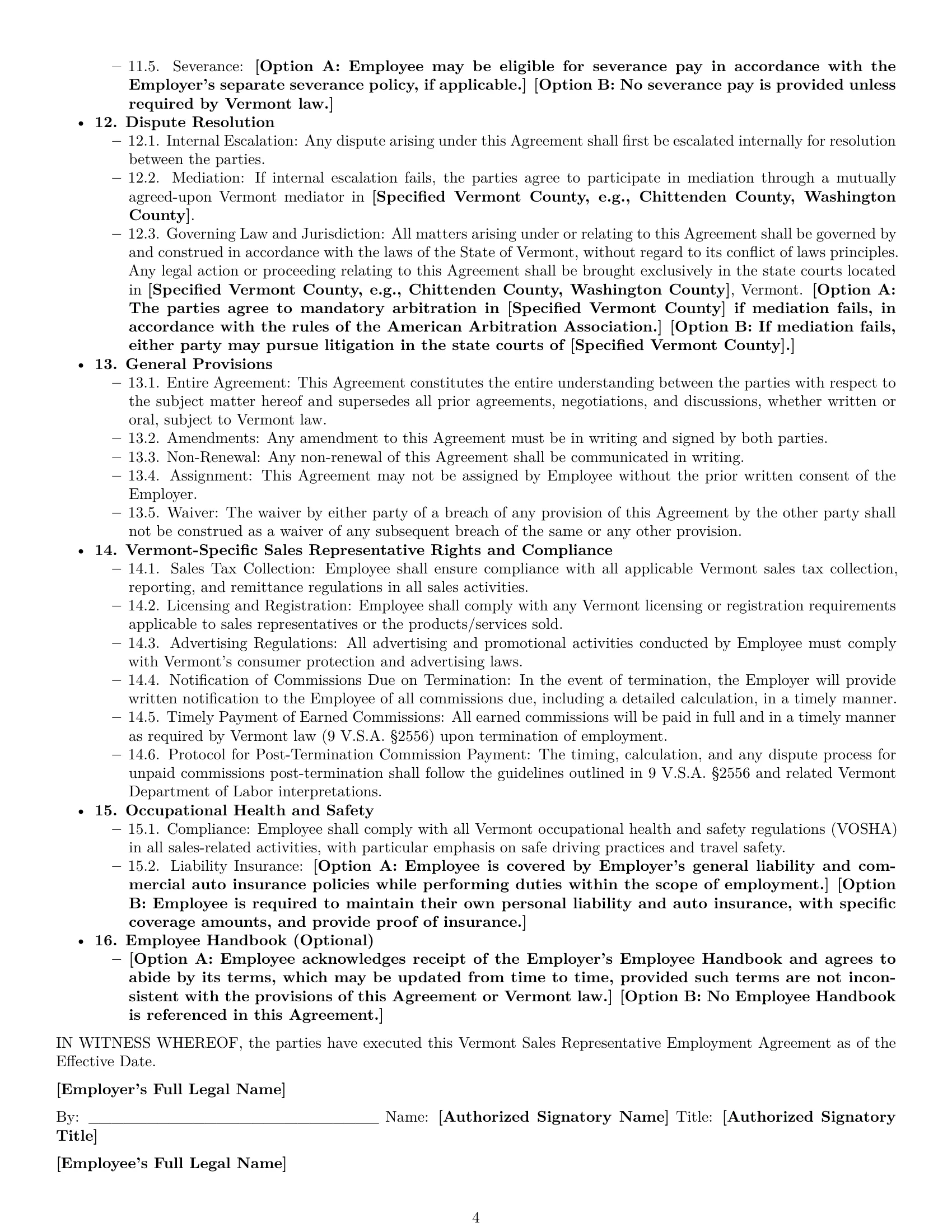 Preview page 4 of Pro Vermont sales representative employment contract template