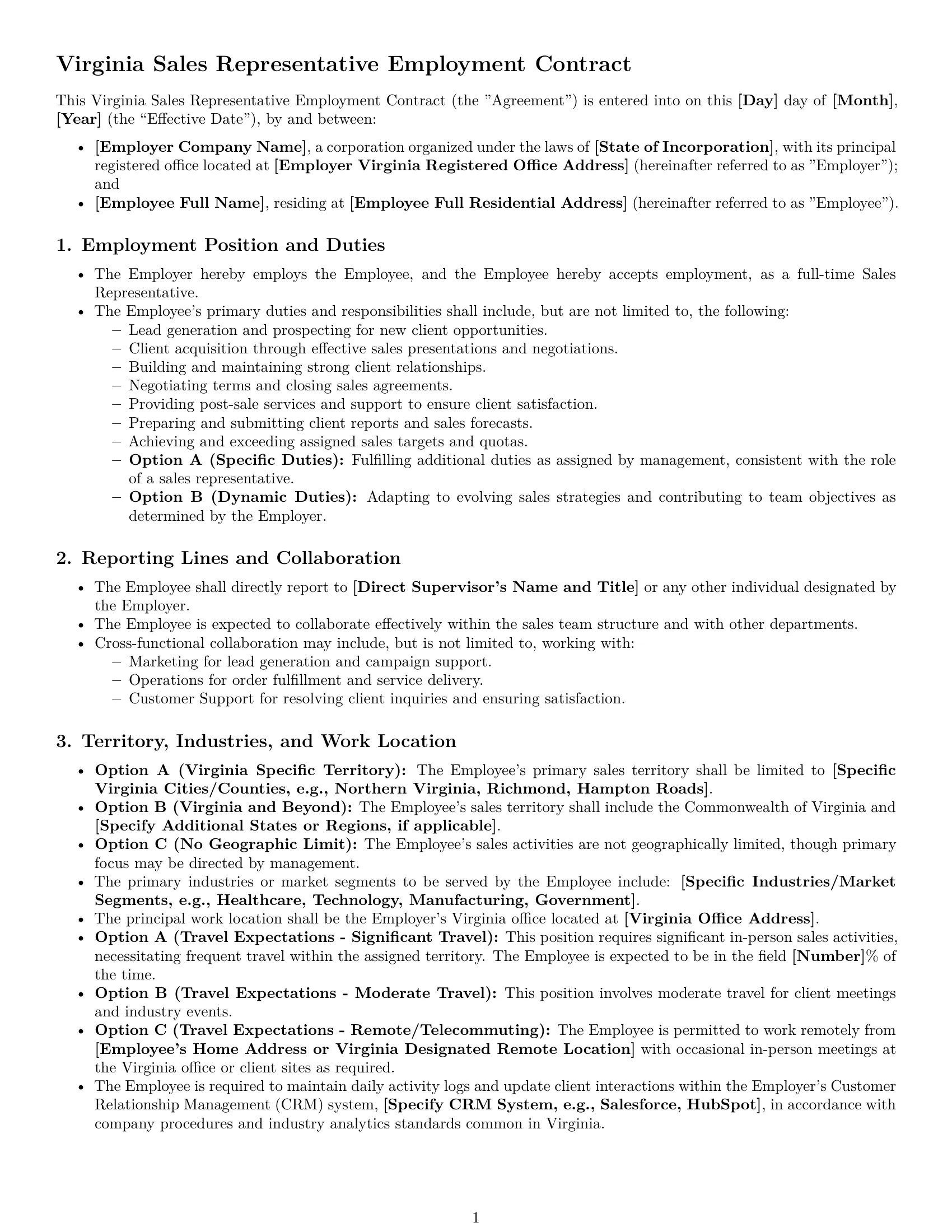 Preview page 1 of Pro Virginia sales representative employment contract template