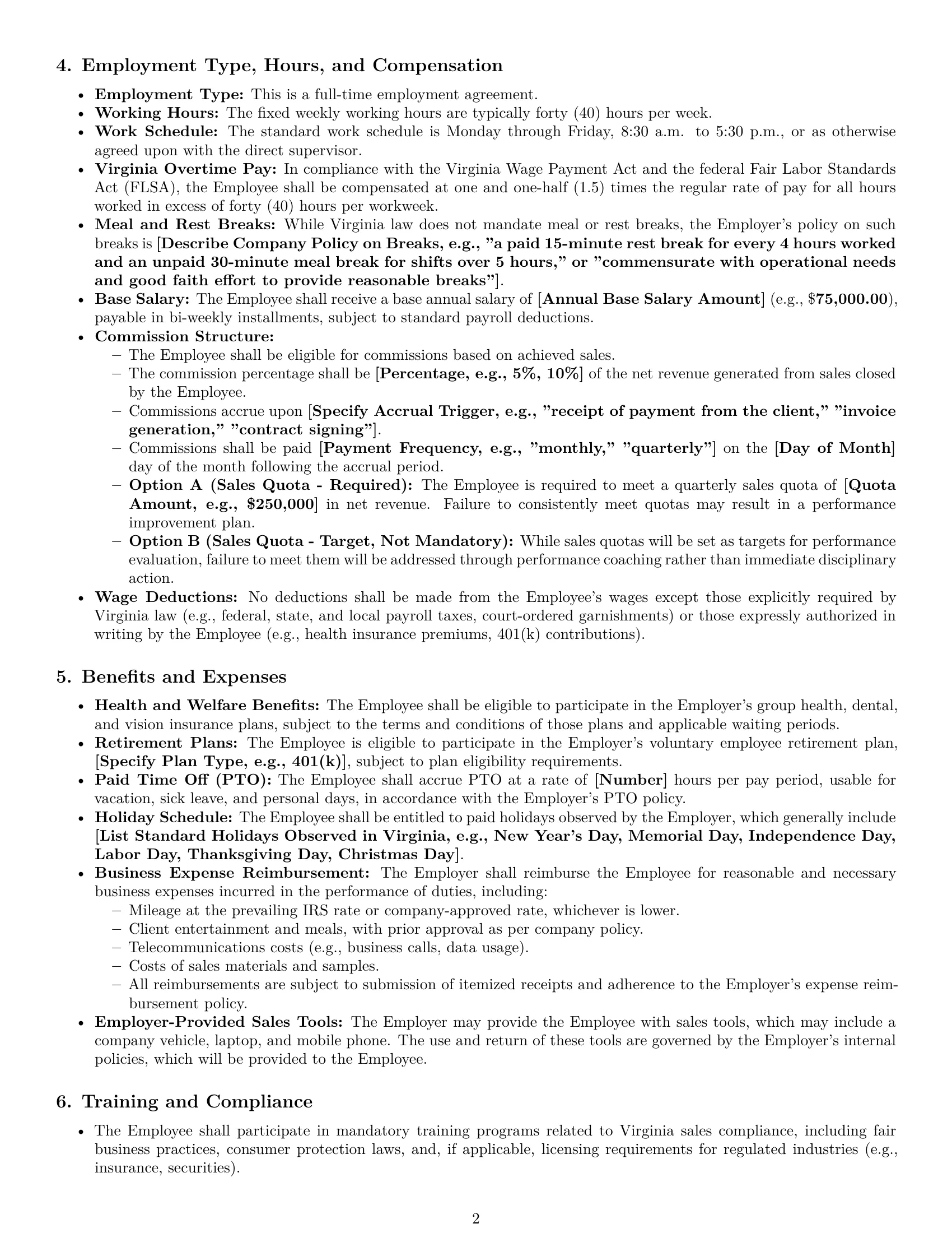 Preview page 2 of Pro Virginia sales representative employment contract template