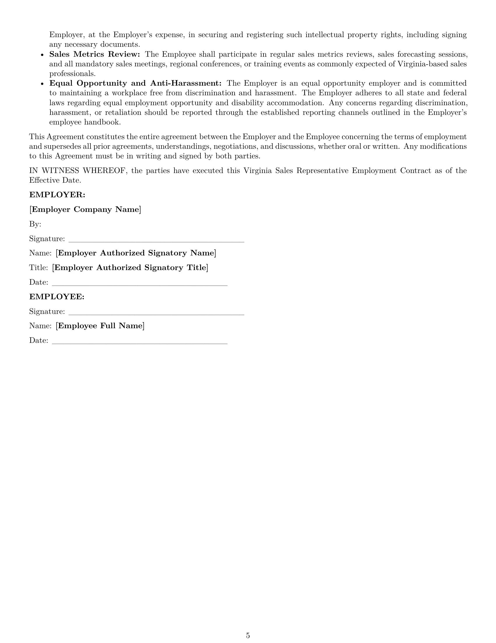Preview page 5 of Pro Virginia sales representative employment contract template