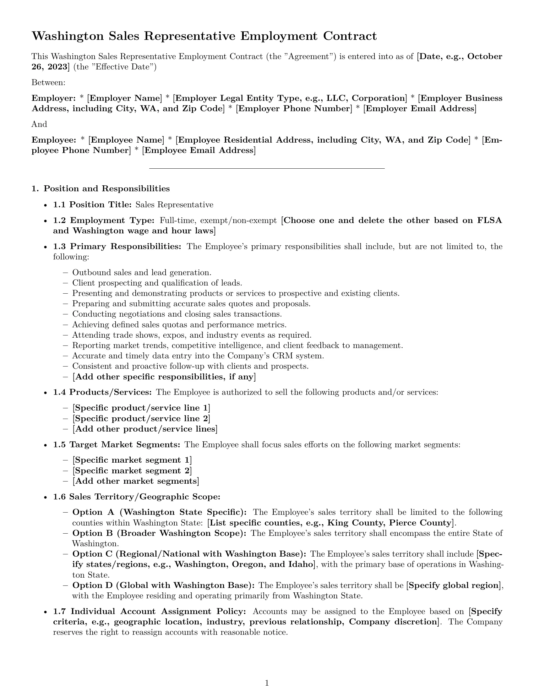 Preview page 1 of Pro Washington sales representative employment contract template